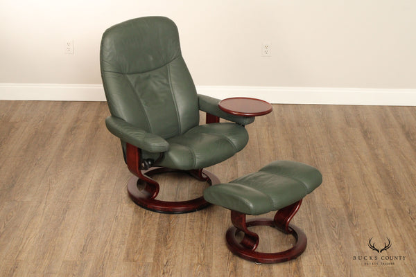 Ekornes Scandinavian Green Leather Reclining Chair and Ottoman
