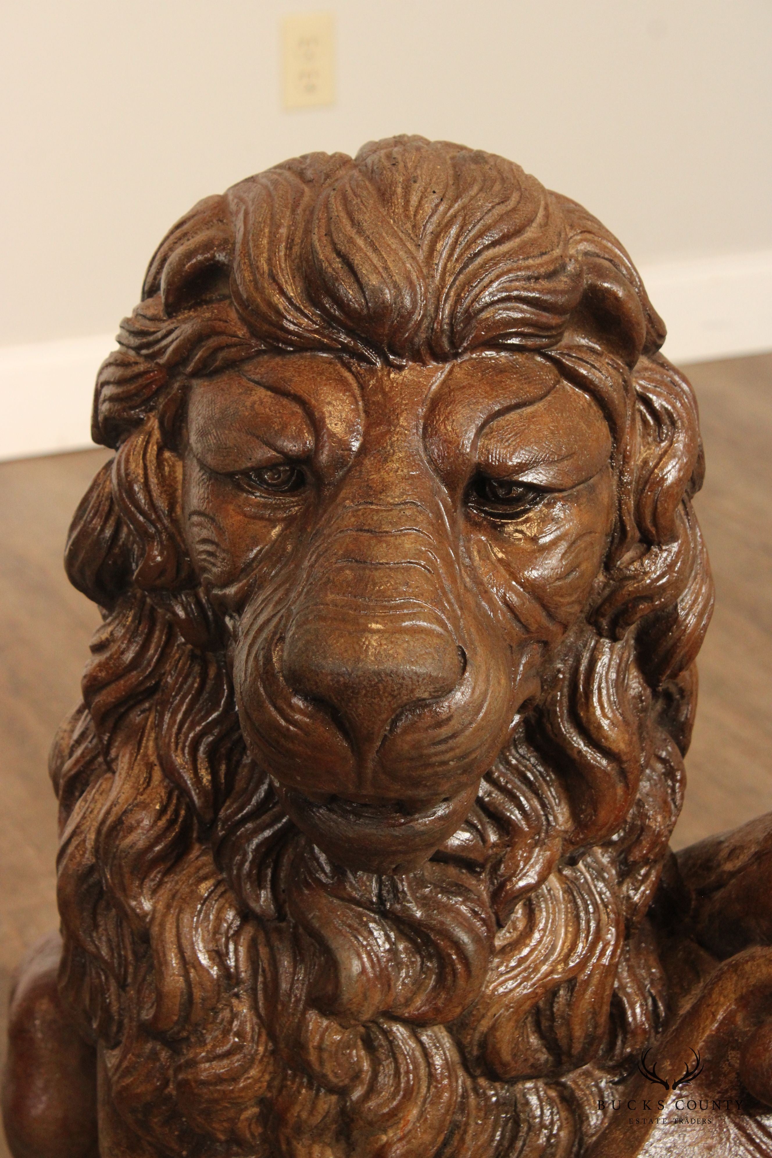 English Traditional Pair of Cast Stone Heraldic Lion Statues