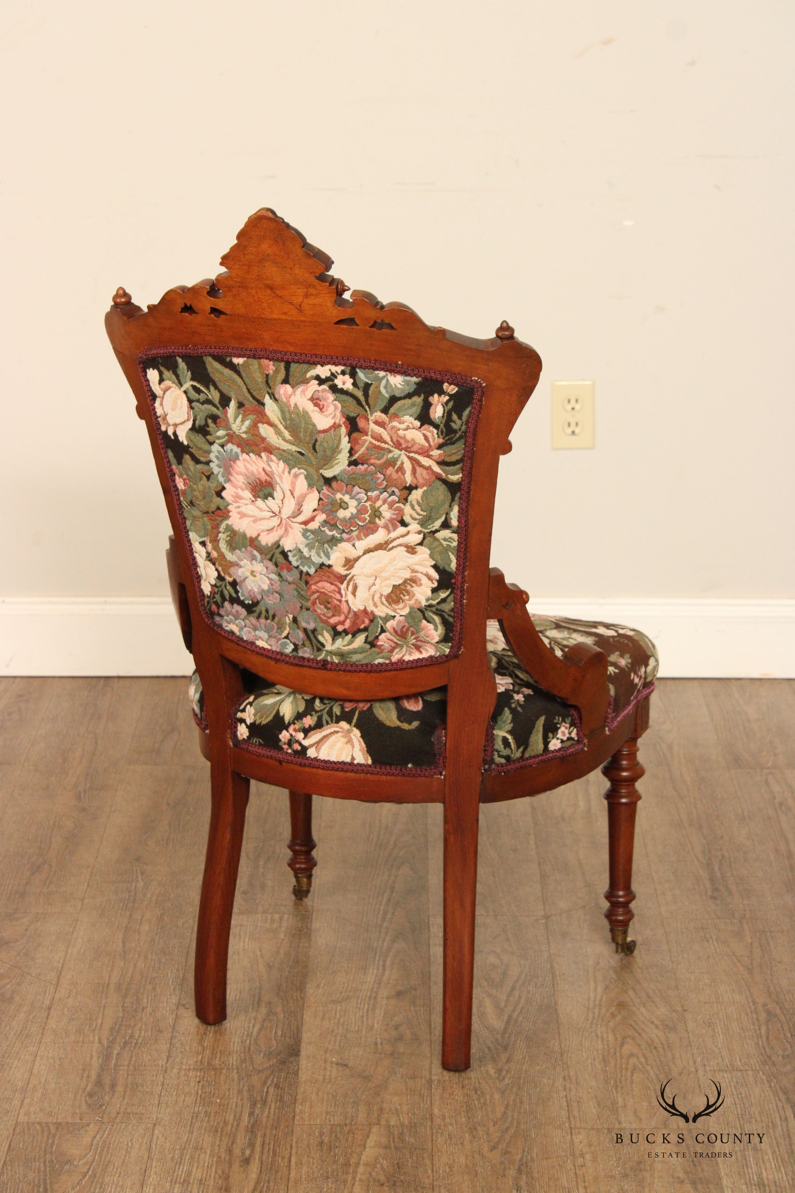 Antique Renaissance Revival Pair of Carved Walnut Armchairs