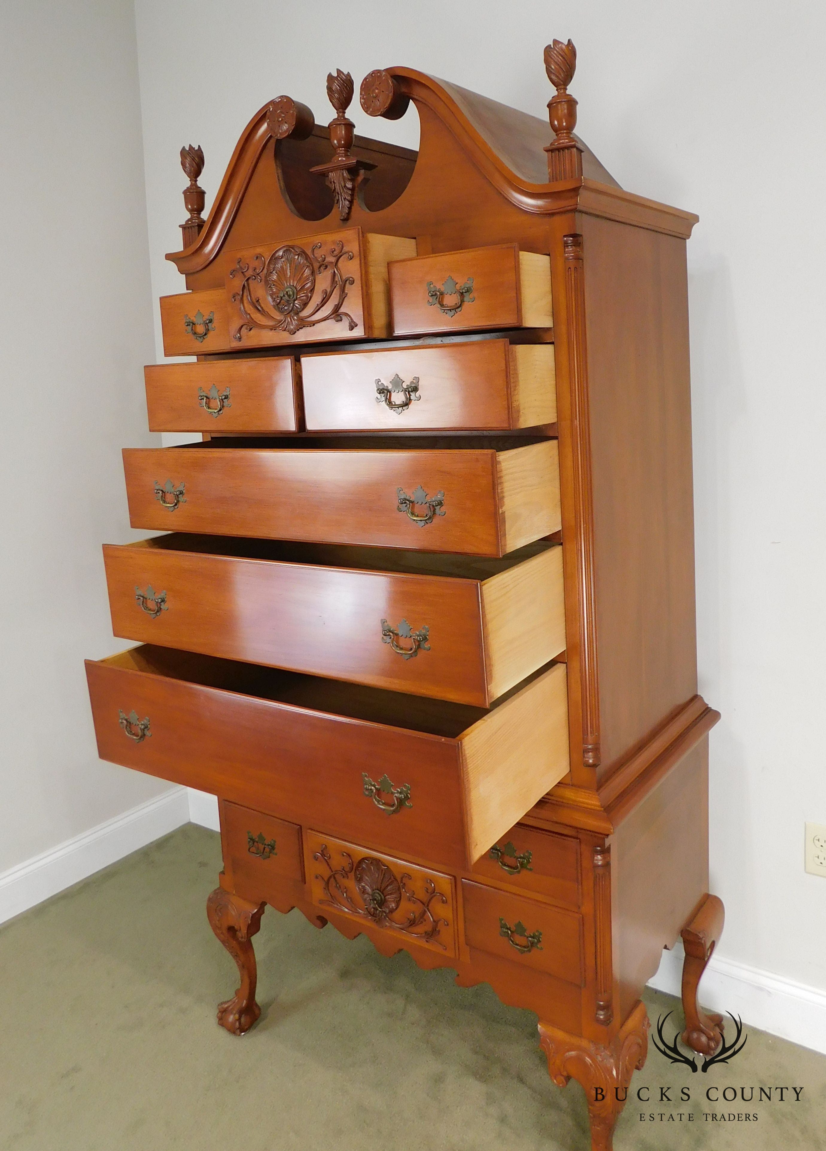 Colonial Craft Cherry Bench Made Chippendale Ball & Claw Bonnet Top Highboy