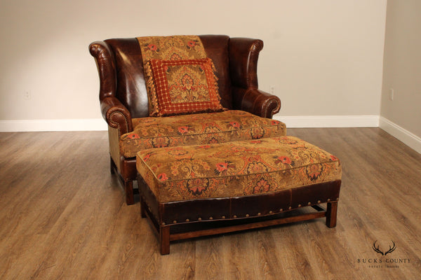 Southern Furniture English Traditional Style Leather Chair and a Half Settee With Ottoman