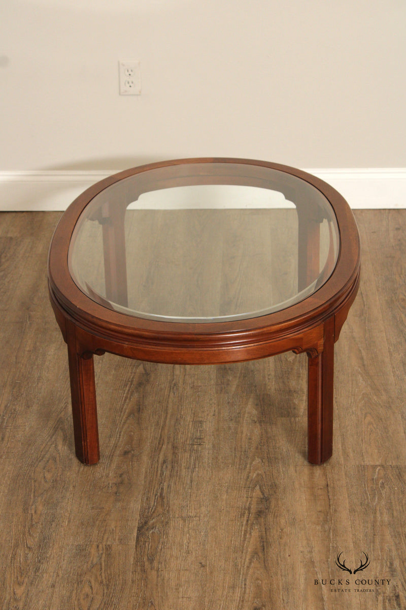 Ethan Allen Oval Cherry Glass Top Coffee Table