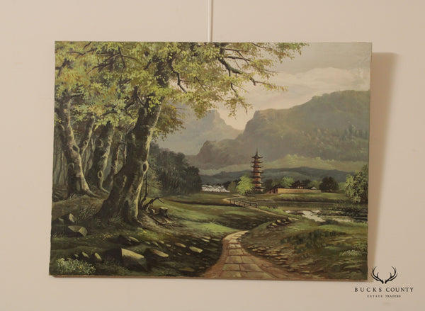 Japanese School Pagoda Mountain Landscape Original Oil Painting