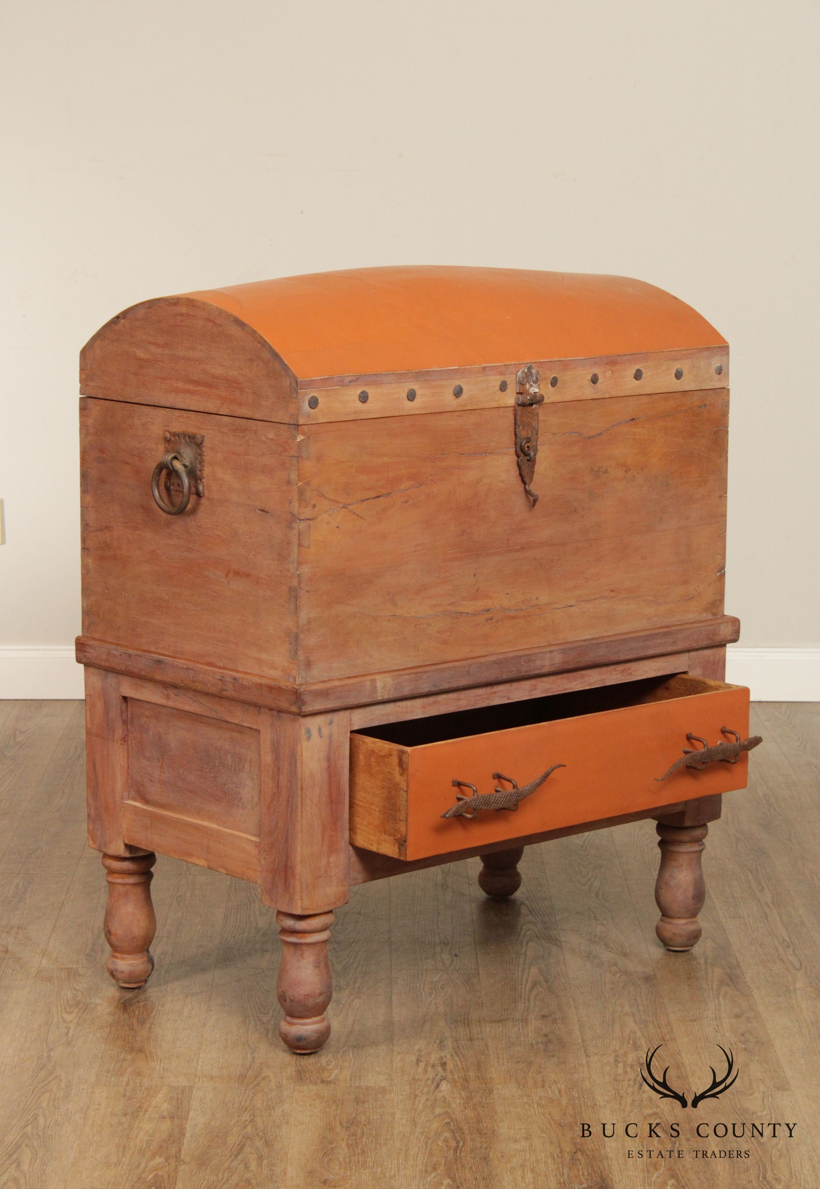 Antique 19th C. Leather Wrapped Hardwood Chest with Iron Crocodile Hardware