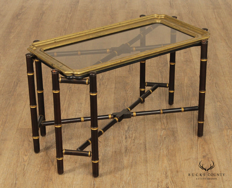 Sold at Auction: BAKER STYLE BRASS TRAY TOP TABLE. EBONIZED FAUX BAMBOO  BASE. LARGE HEAVY BRASS TRAY.