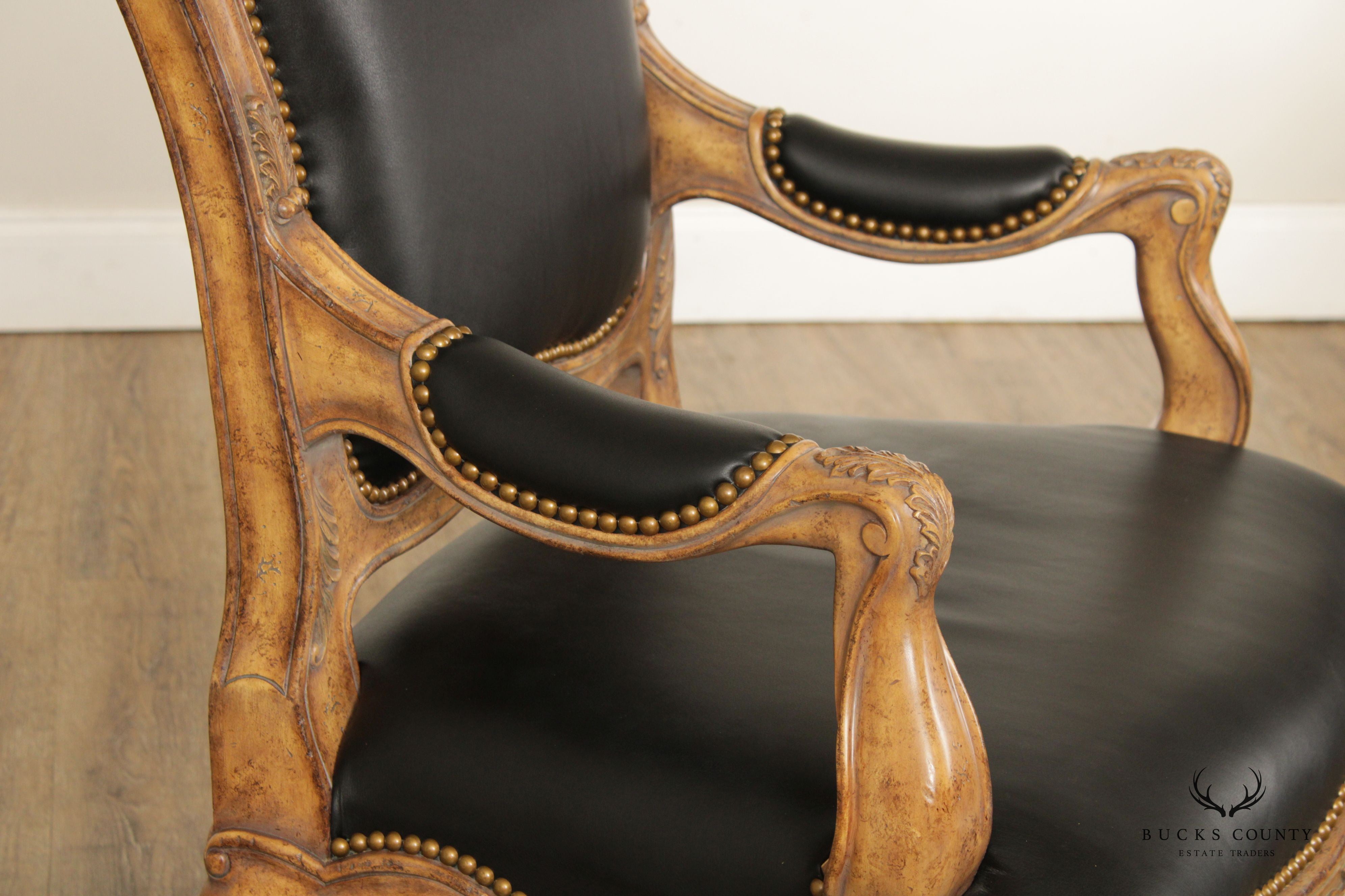 Maitland Smith Louis XV Style Carved Wood and Black Leather Armchair