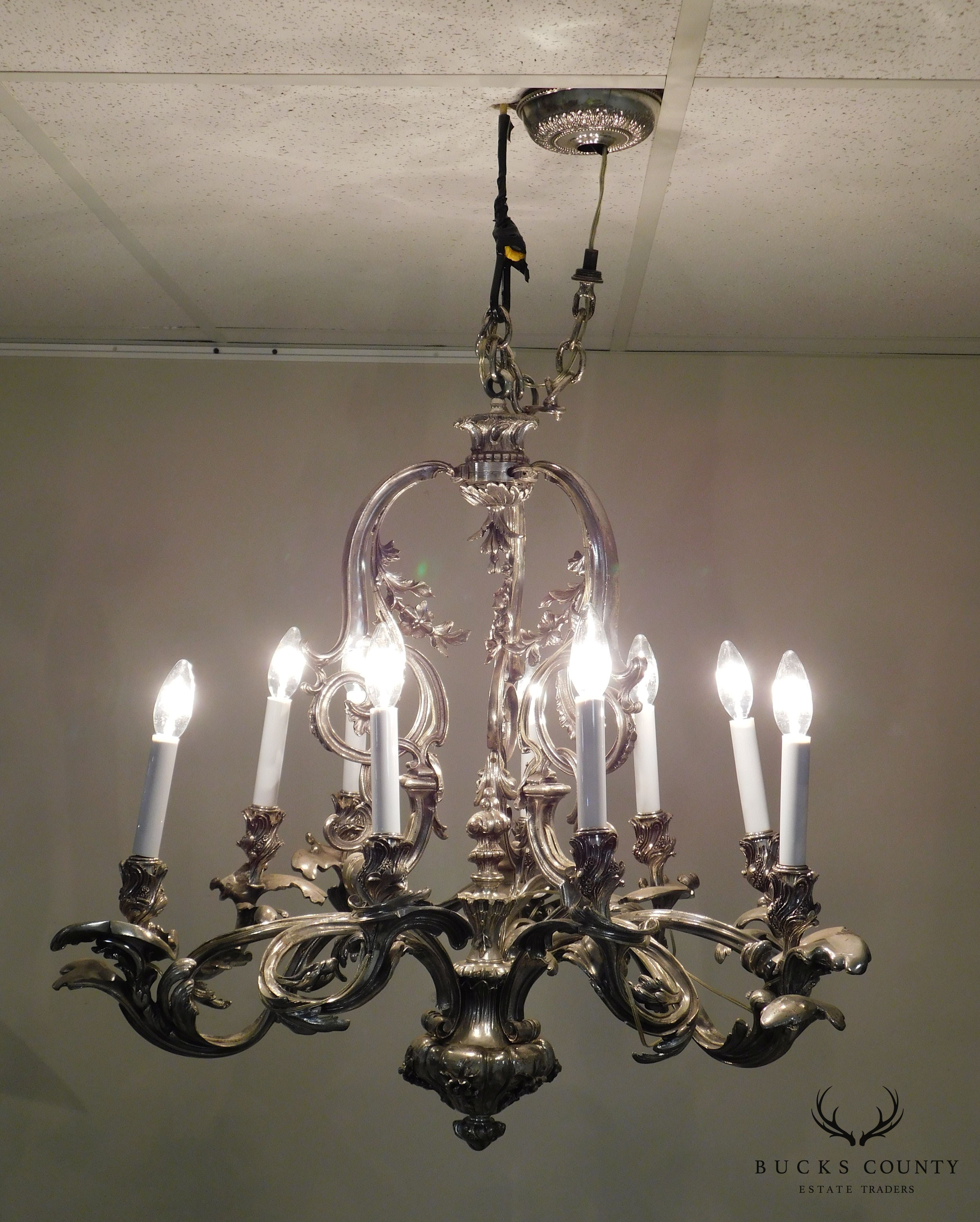 Ten Light Baroque Chandelier Antiqued Silver-Metal Foliate Design