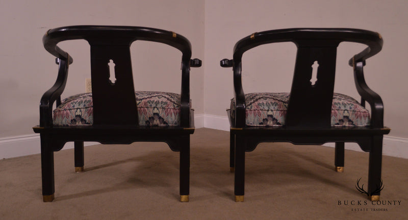 Mid Century Black Lacquered Pair Asian Style Horseshoe Armchairs
