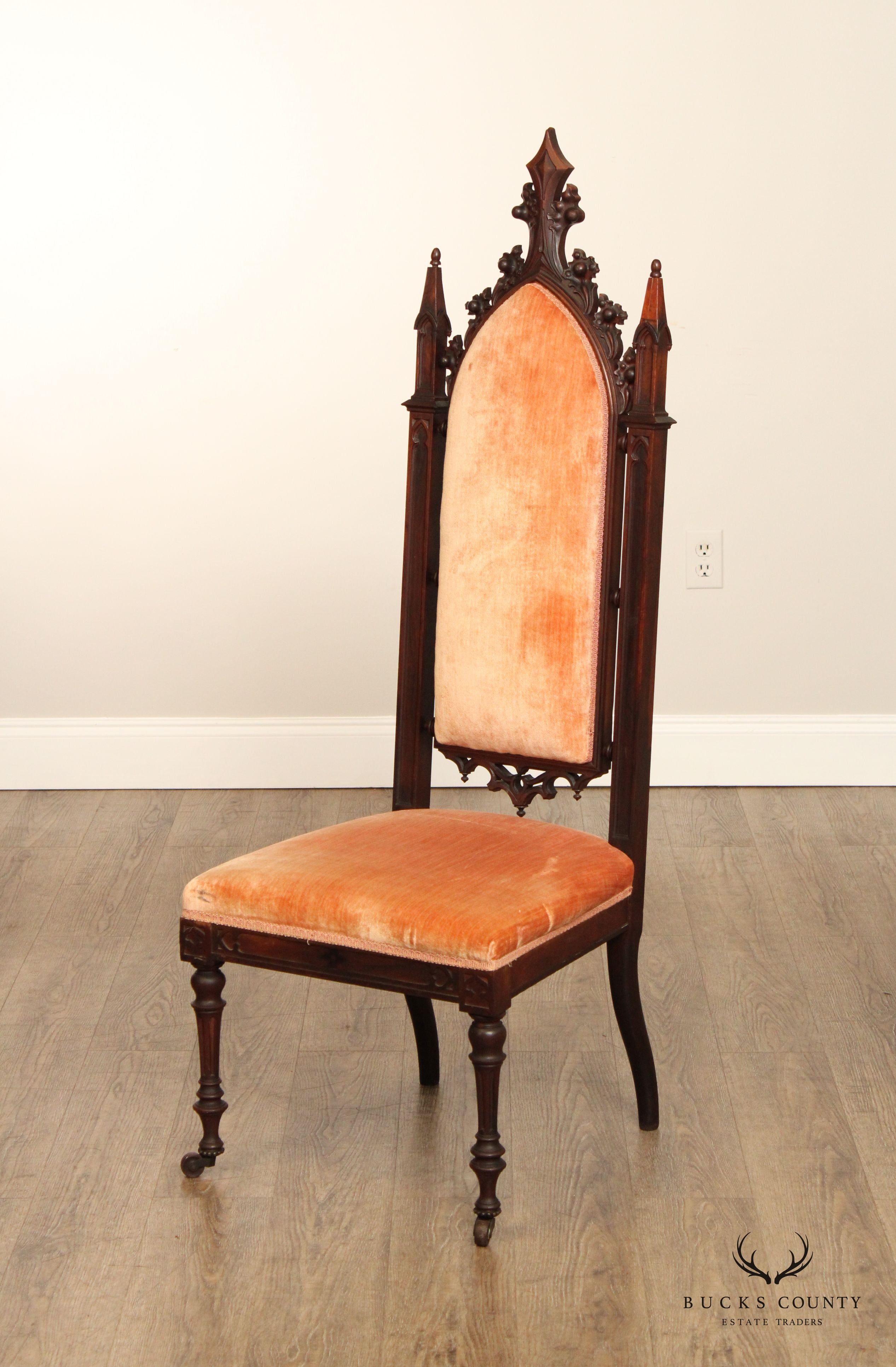 Gothic Revival Antique Carved Rosewood High Back Hall  Chair