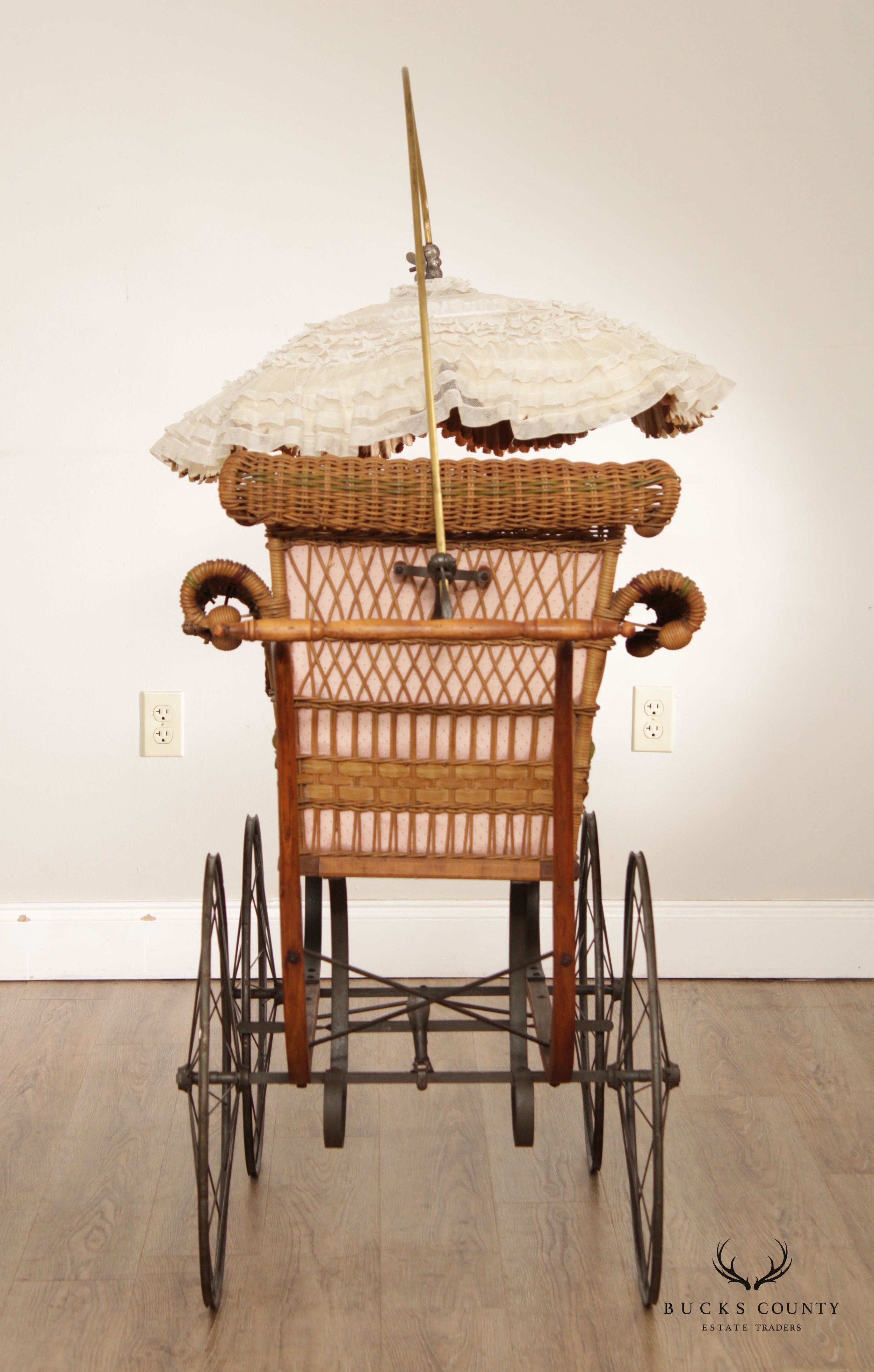 Antique Victorian Wicker Carriage Stroller with Umbrella