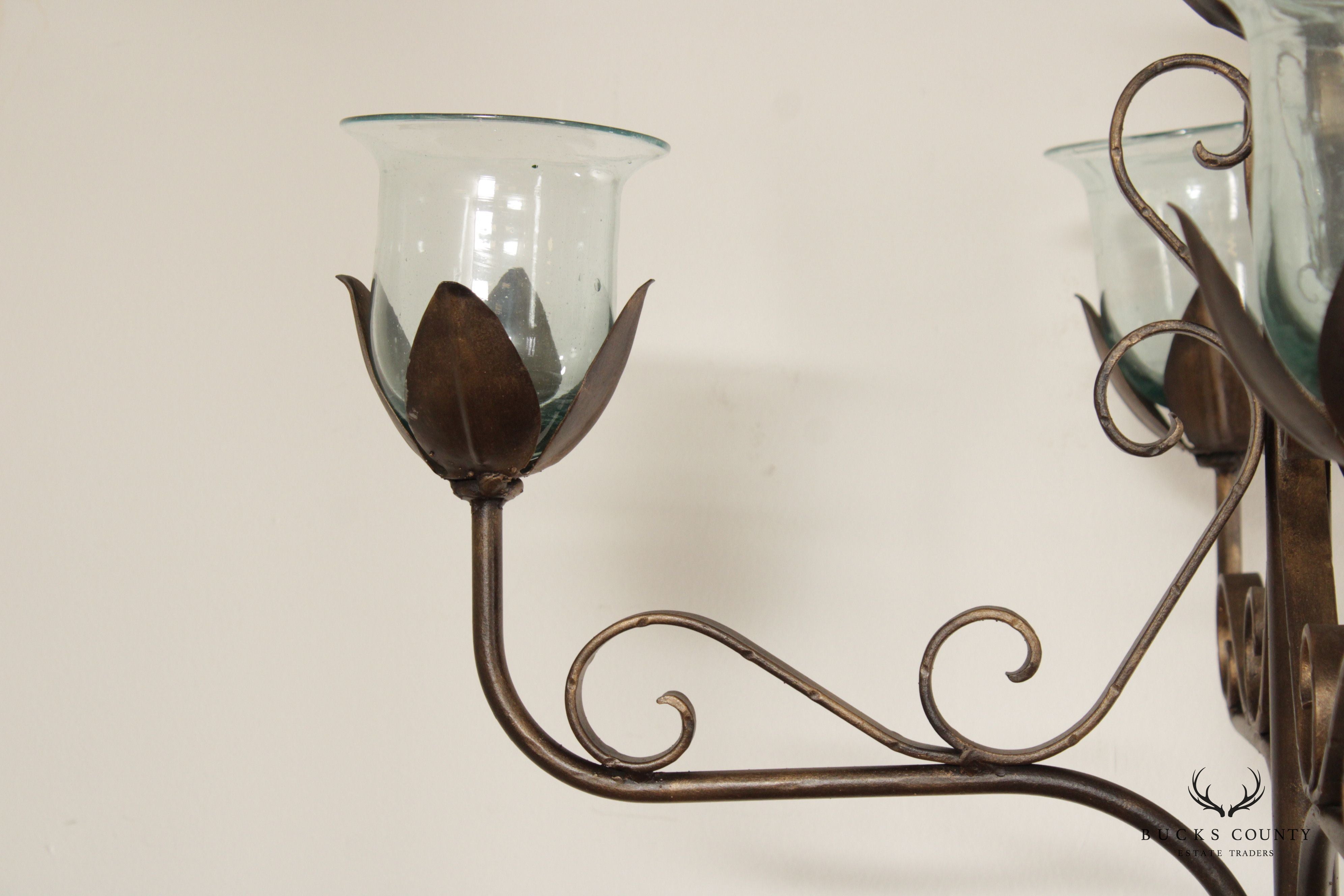 Wrought Iron Floor Candelabra With Glass Shades