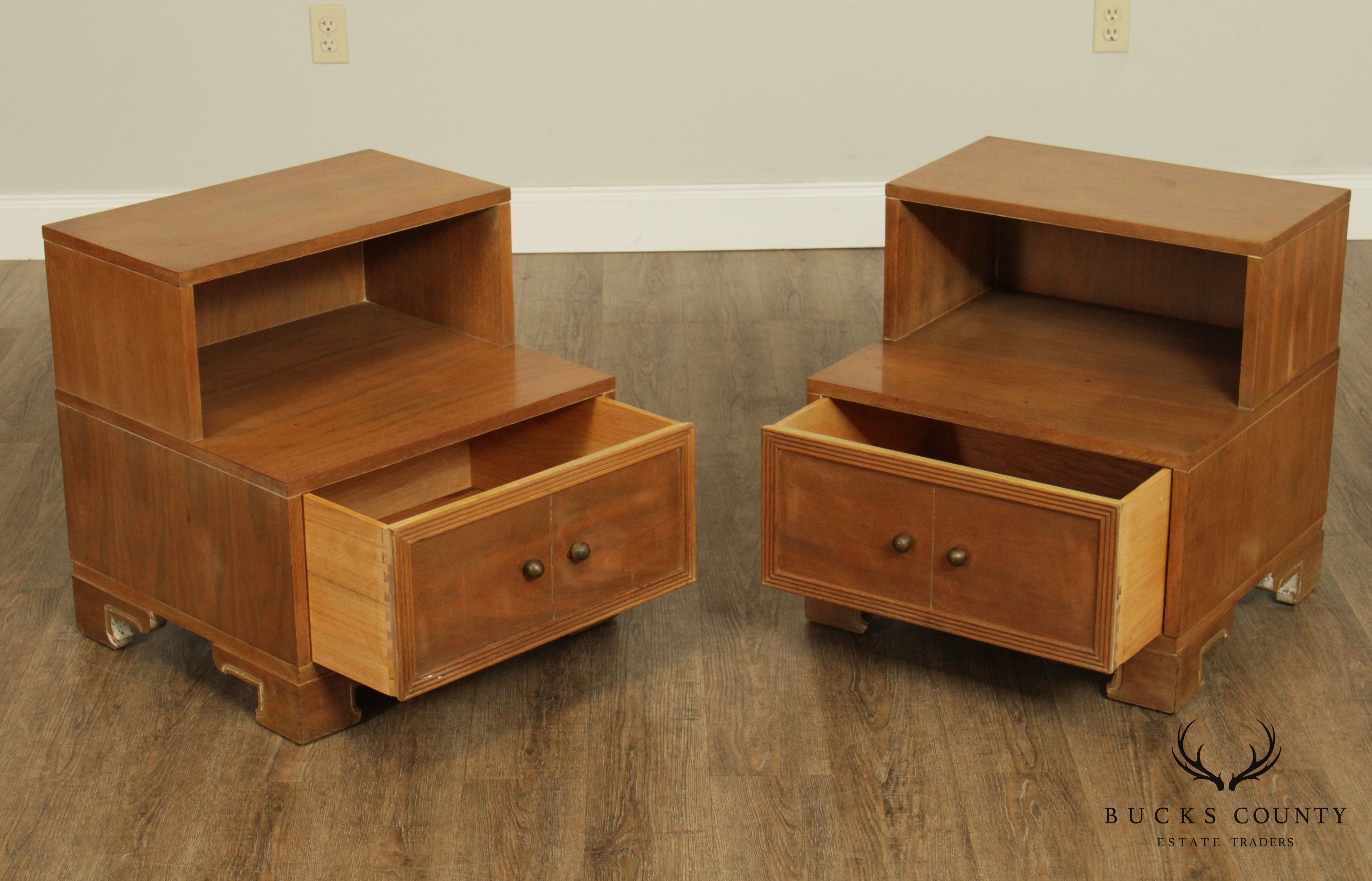 Mid Century Modern James Mont Inspired Pair Walnut Step Nightstands