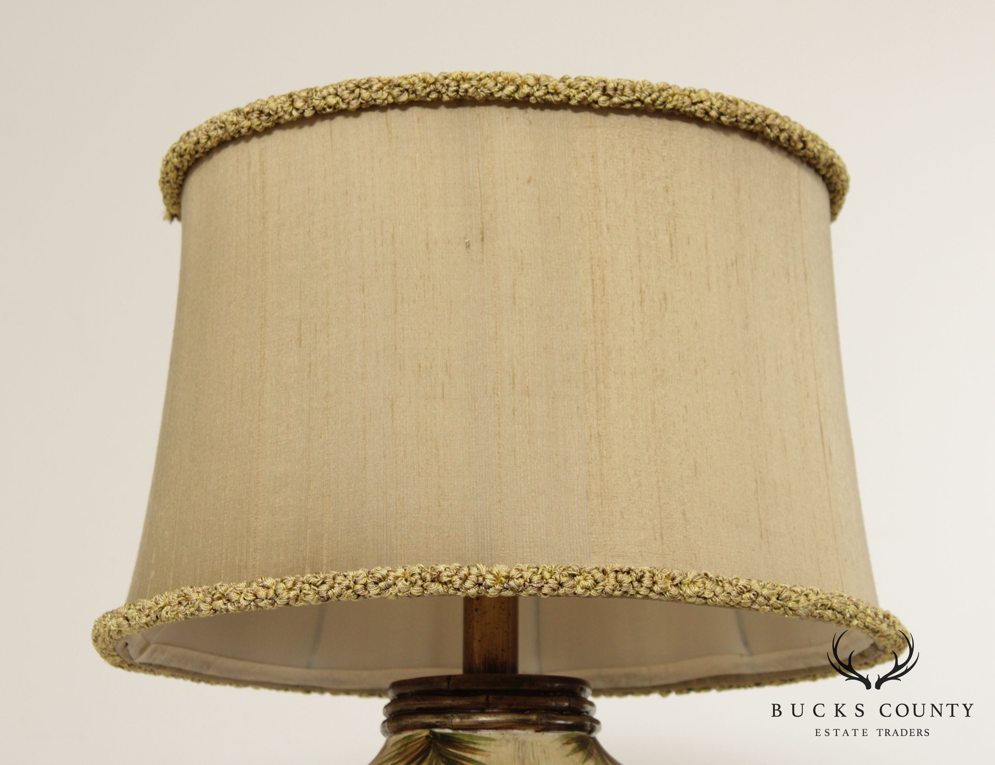 Vintage Tropical Palm Table Lamp with Silk Shade