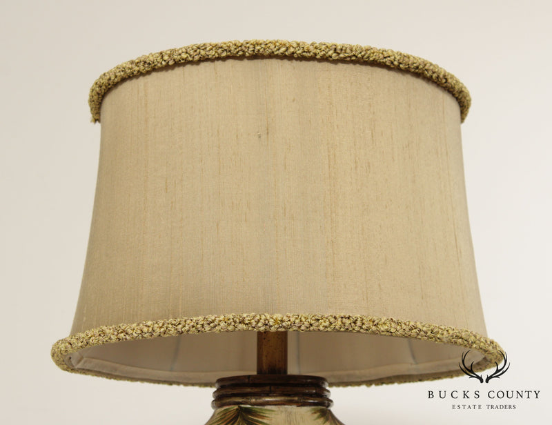Vintage Tropical Palm Table Lamp with Silk Shade