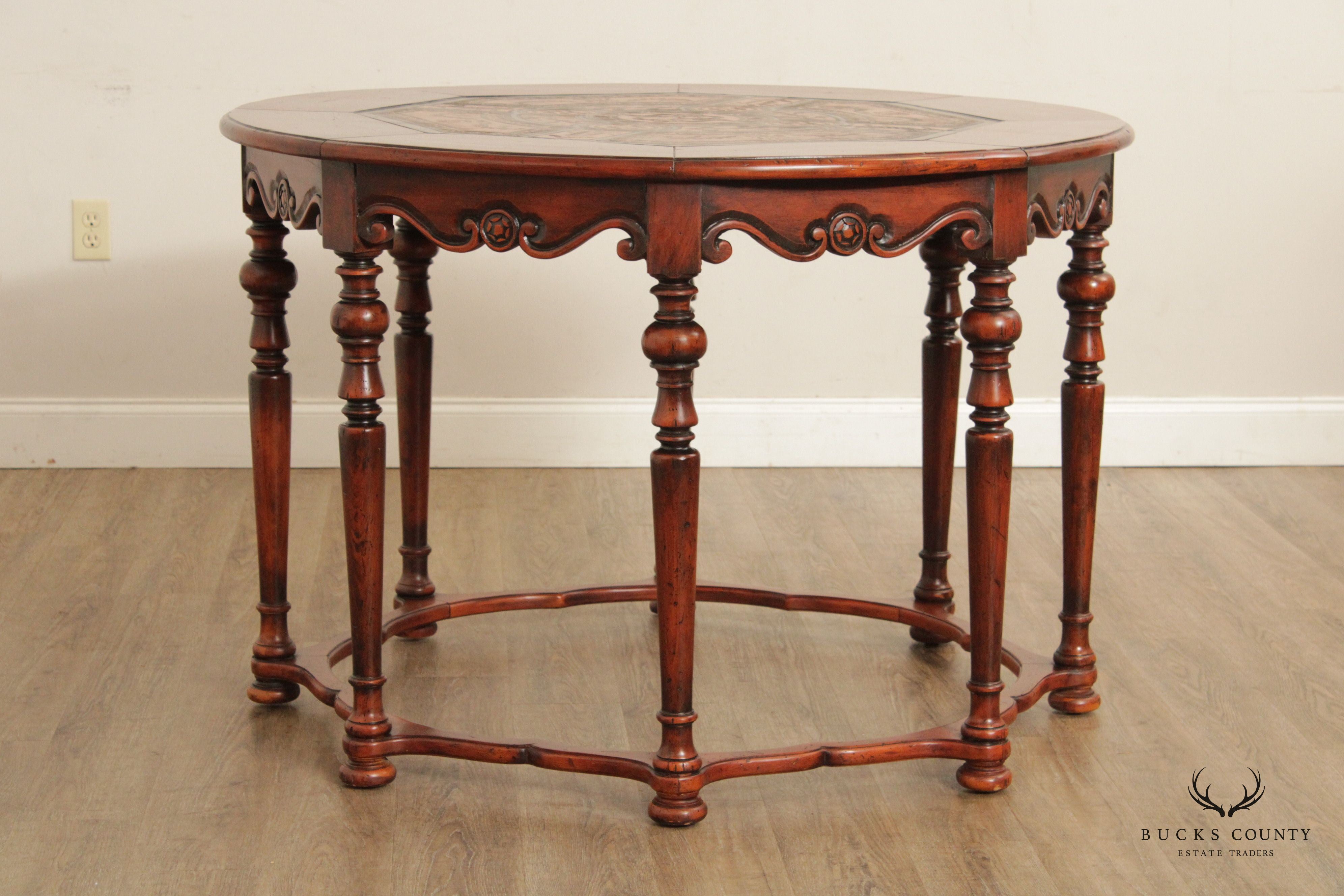 English Style Tooled Leather Round Mahogany Center Table