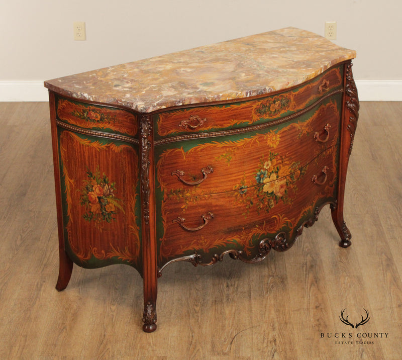 Johnson Furniture Co. Vintage French Louis XV Style Marble Top Paint Decorated Commode