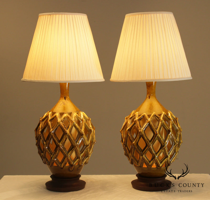 Mid Century Modern Pair Reticulated Cut Out Ceramic Table Lamps
