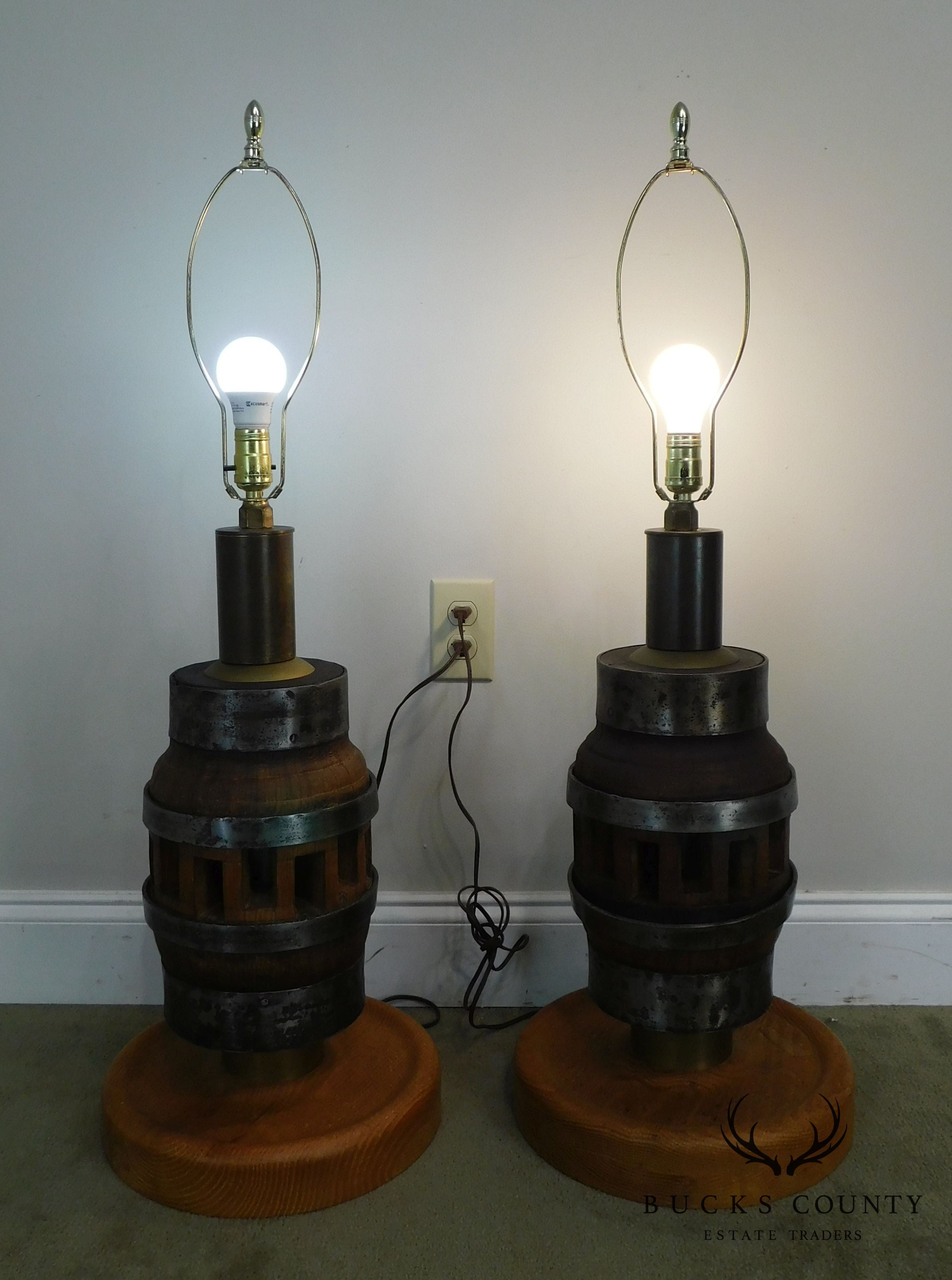 Heavy Wood and Steel Vintage Pair Barrel Table Lamps