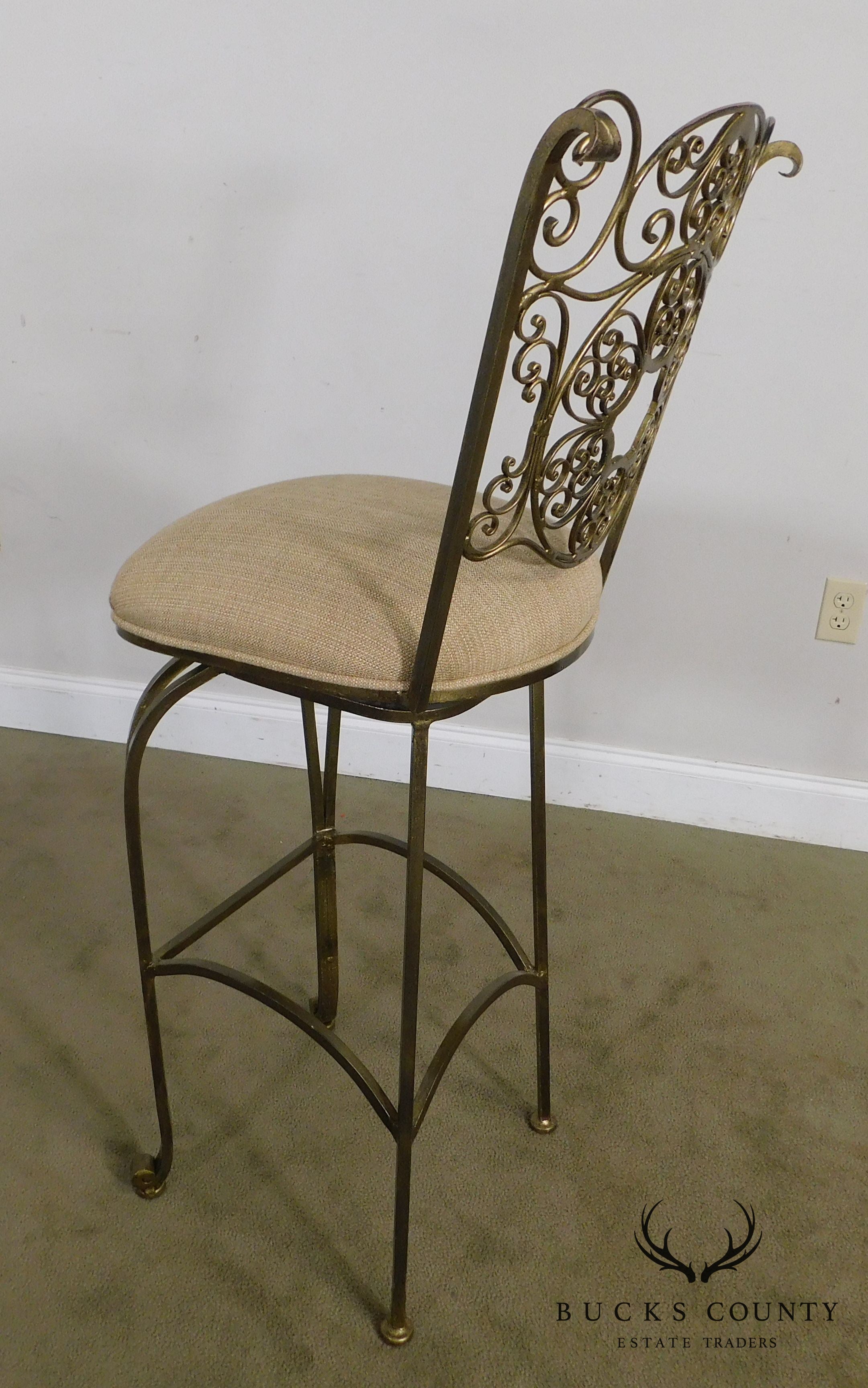 Quality Set 3 Scrolled Wrought Iron Swivel Barstools