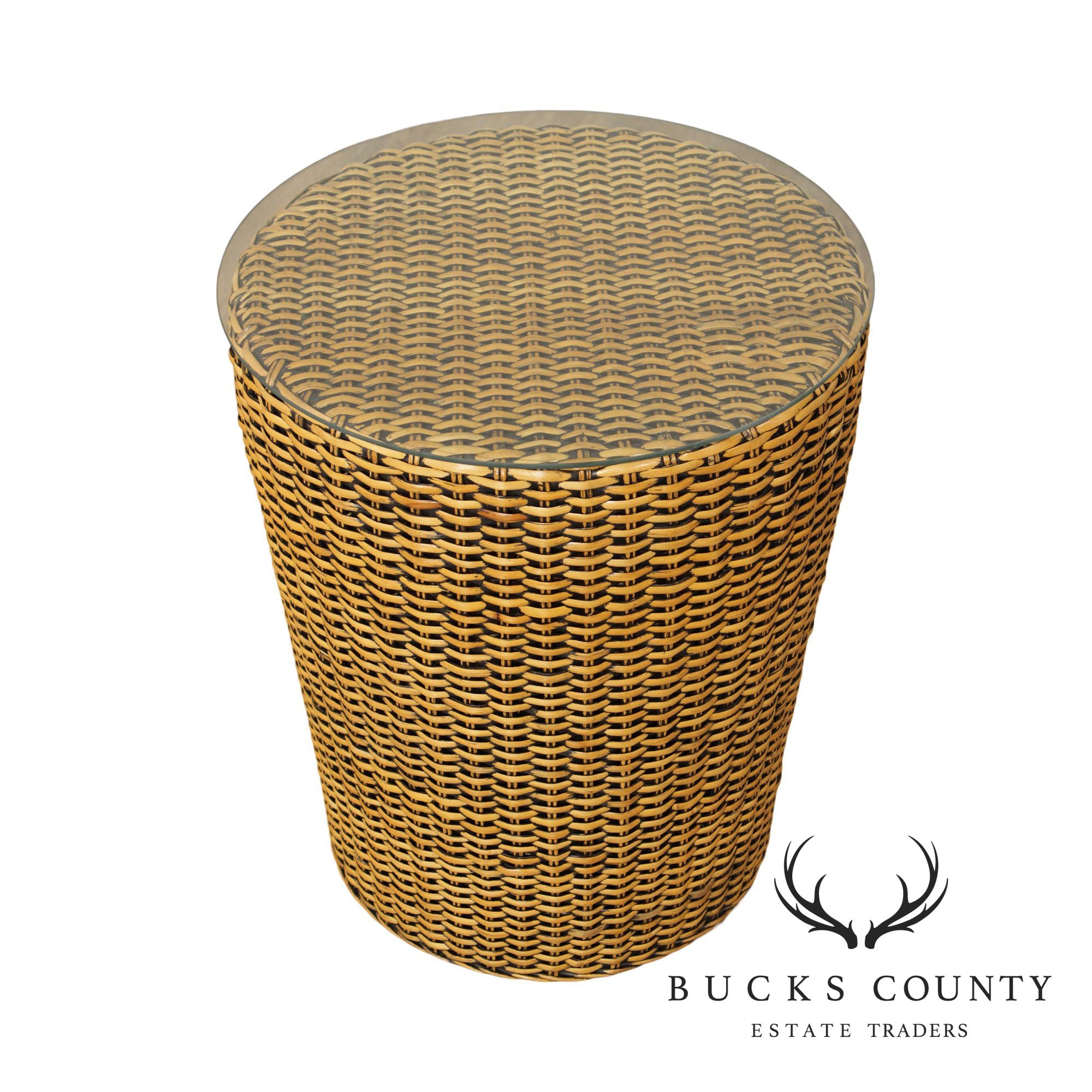 Vintage Woven Wicker Rattan Glass Top Round Side Table