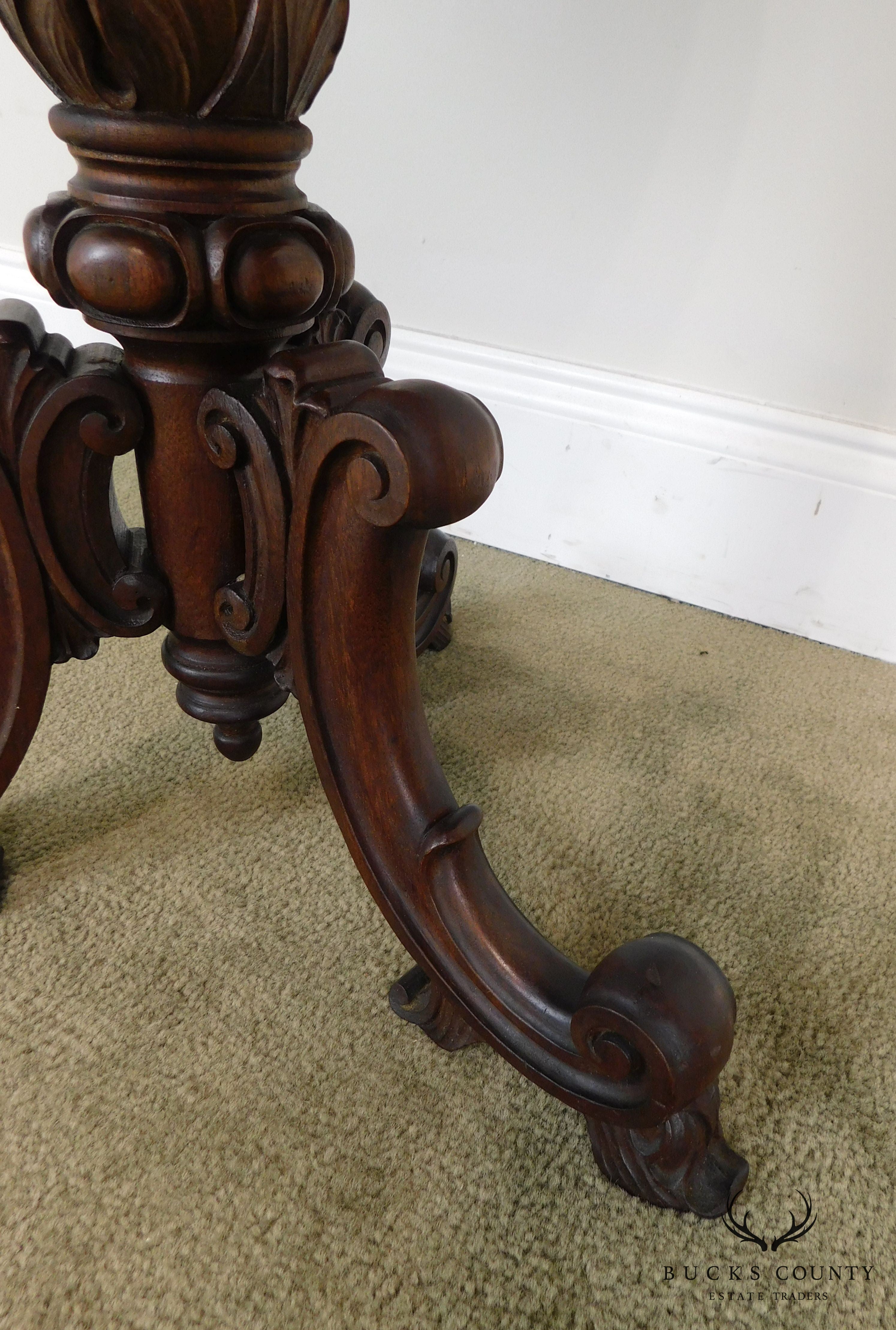 Renaissance Revival Antique Hand Carved Solid Walnut Round Table with Beeded Needlework