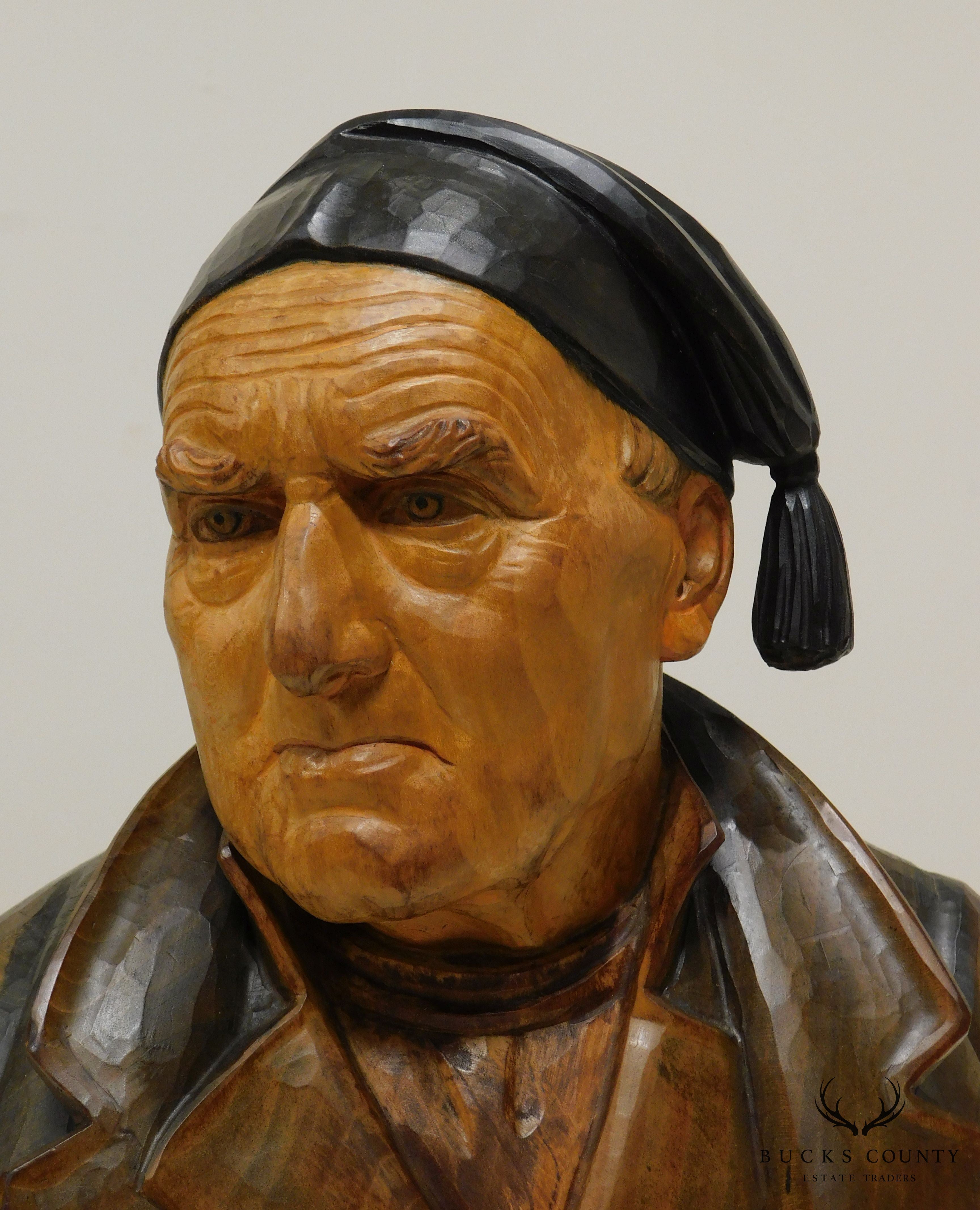 H. Huggler - Wyss Hand Carved Polychrome Wood Bust of Old Man