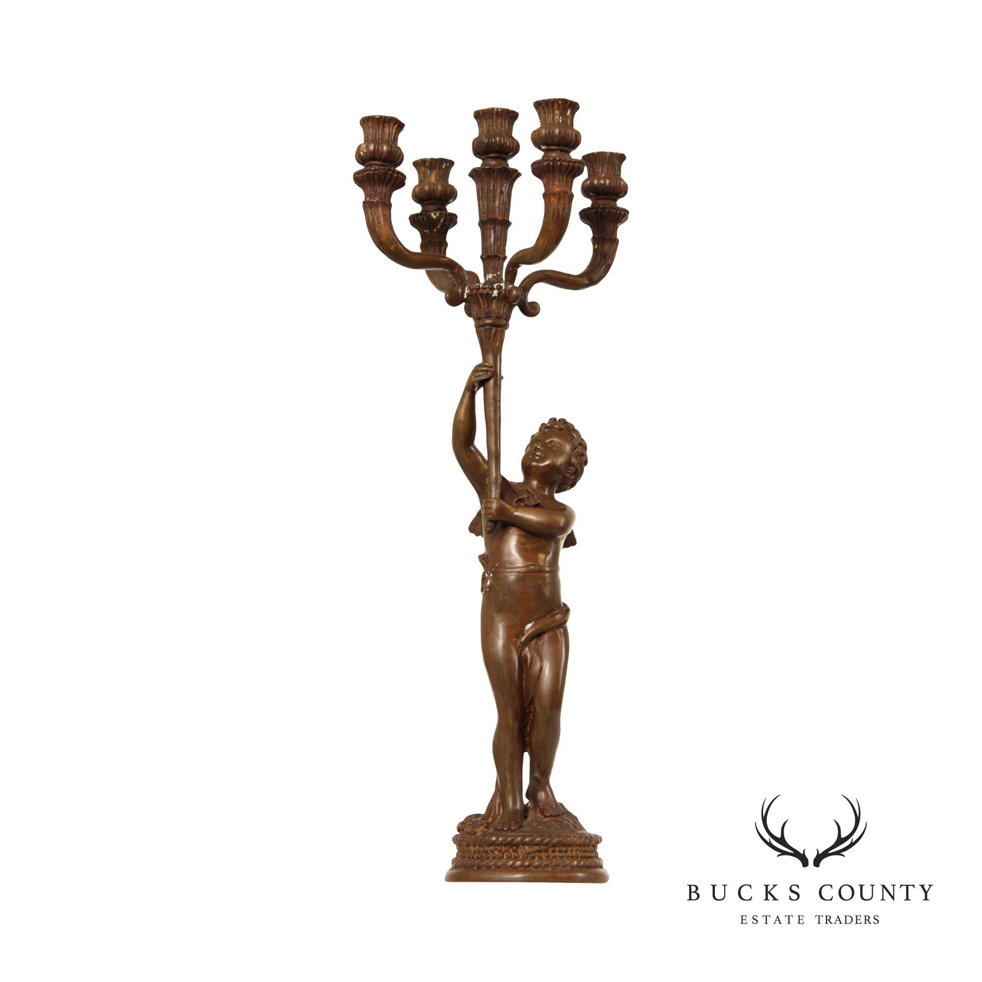 Italian Renaissance Revival Style Bronze Six-Light Figural Candle Holder