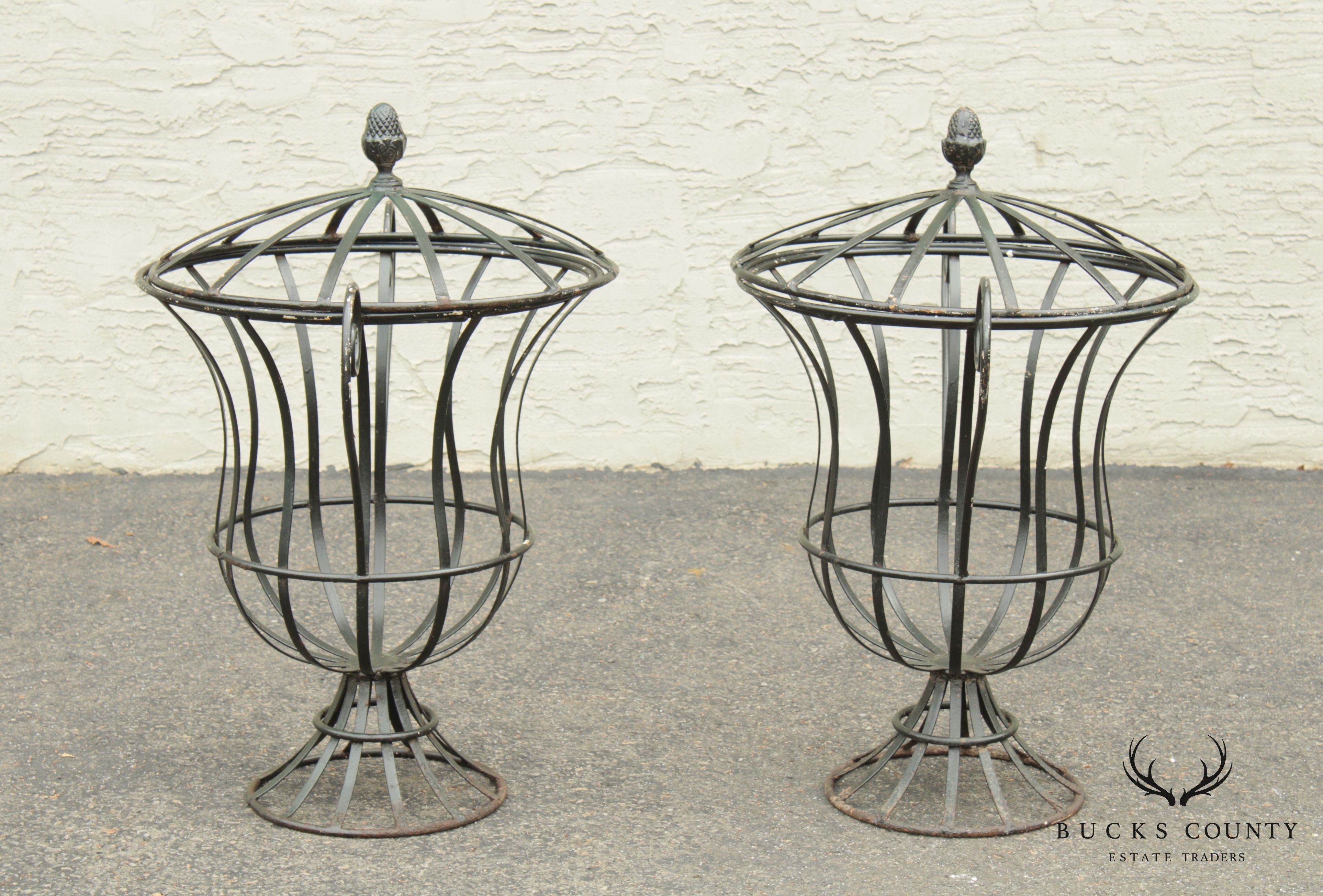 Vintage Pair Wrought Iron Garden Urn Topiary Planters