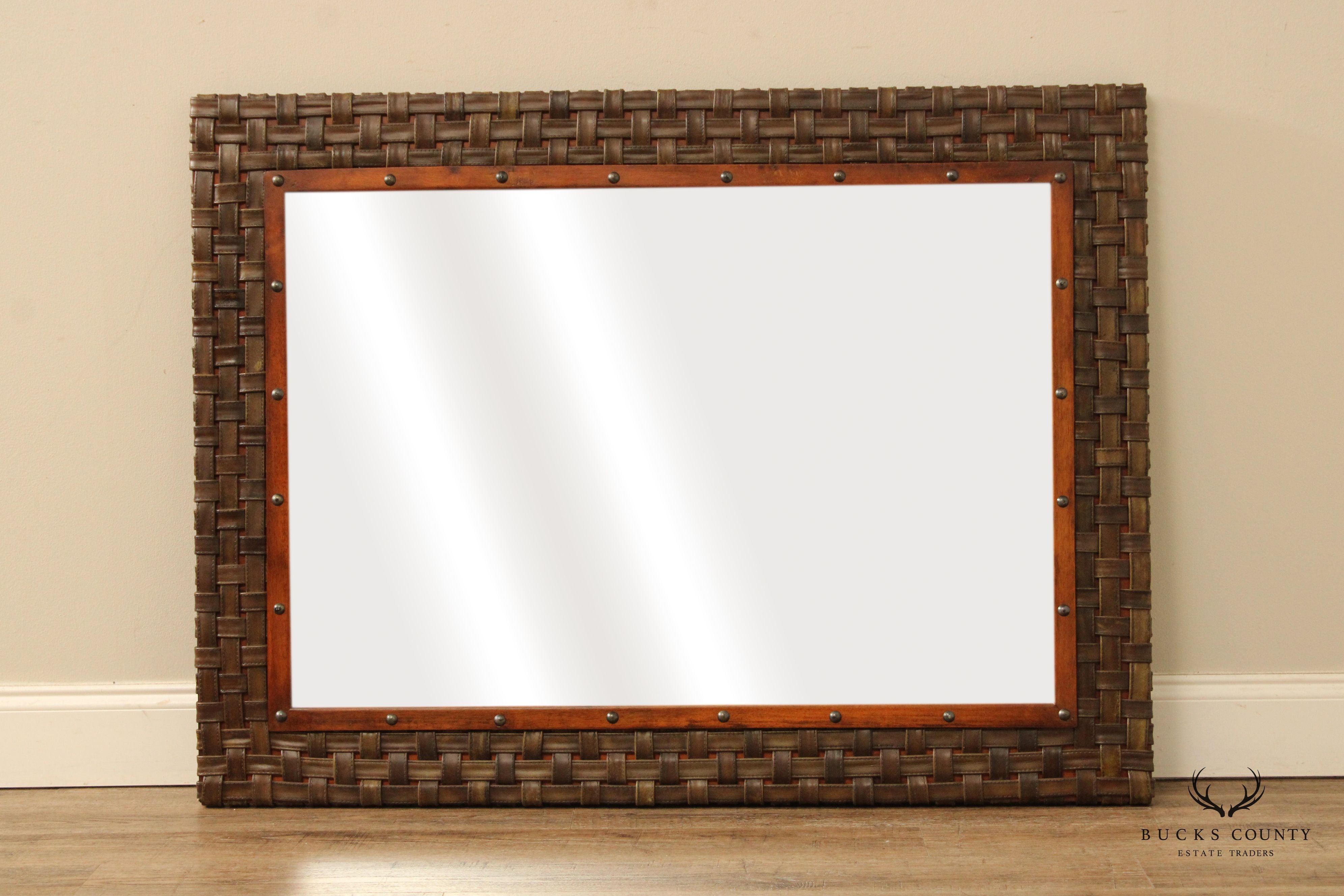 Woven Leather and Wood Frame Mantel Mirror