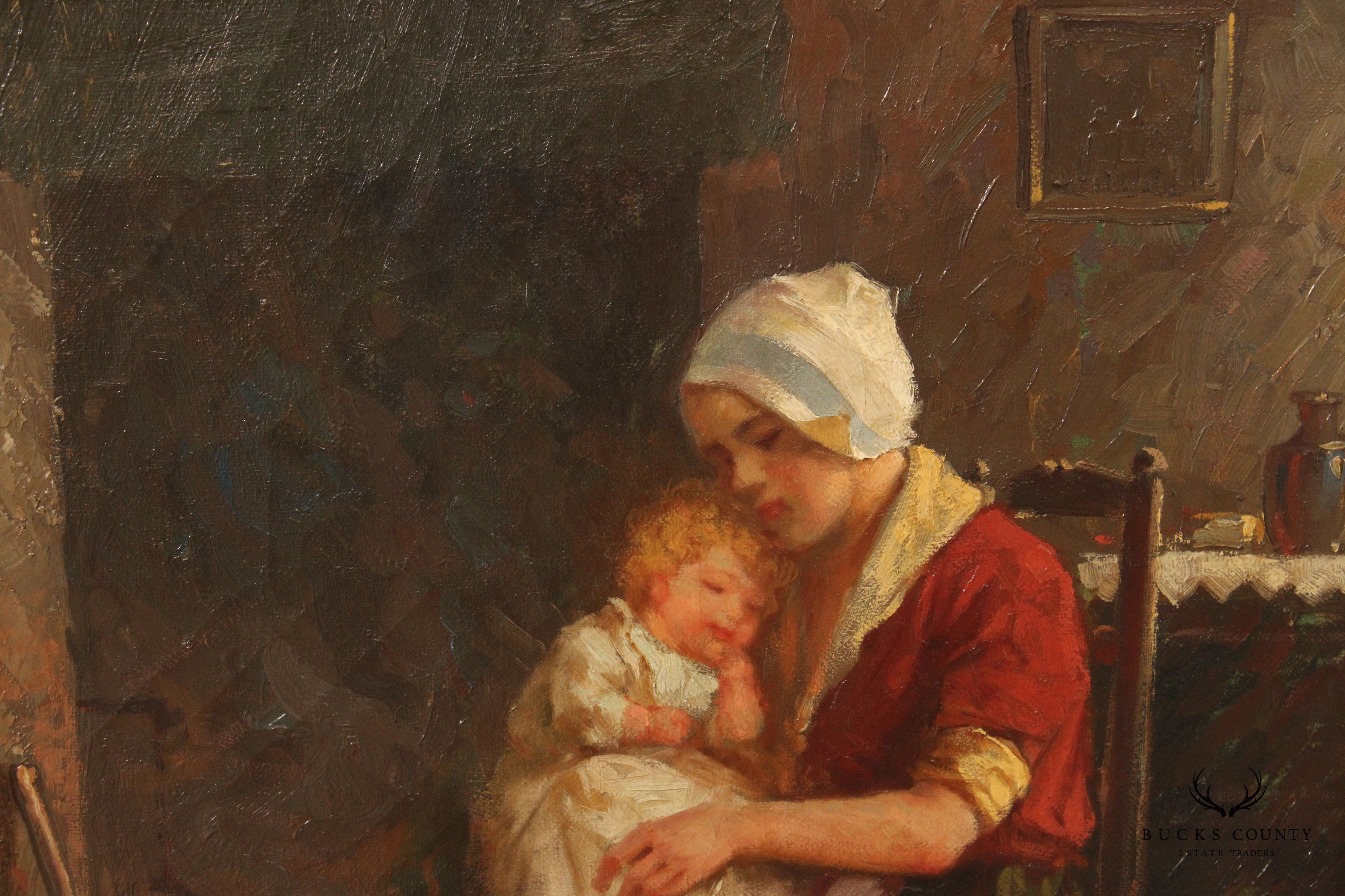 Early 20th C. Dutch Mother and Child Original Oil Painting by F. G. Grust