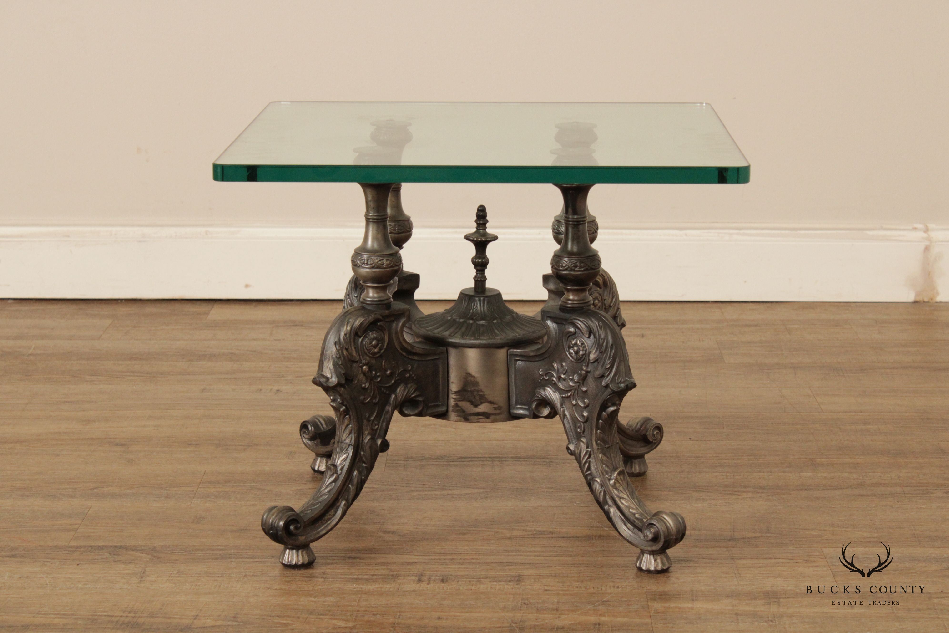 Victorian Style Pair of Cast Metal Glass-Top Coffee Tables