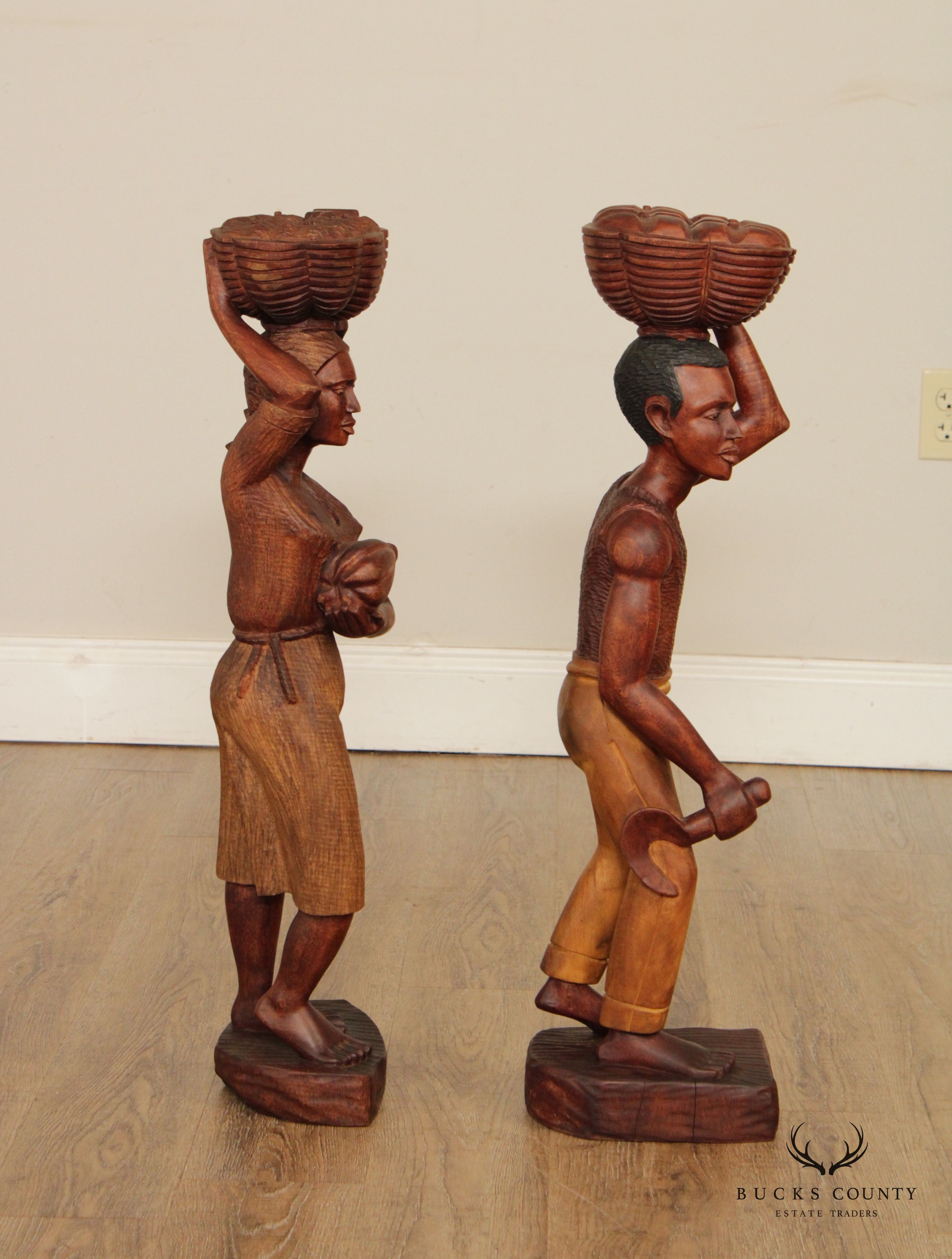 Vintage Pair Haitian Carved Wood Figural Statues, Signed