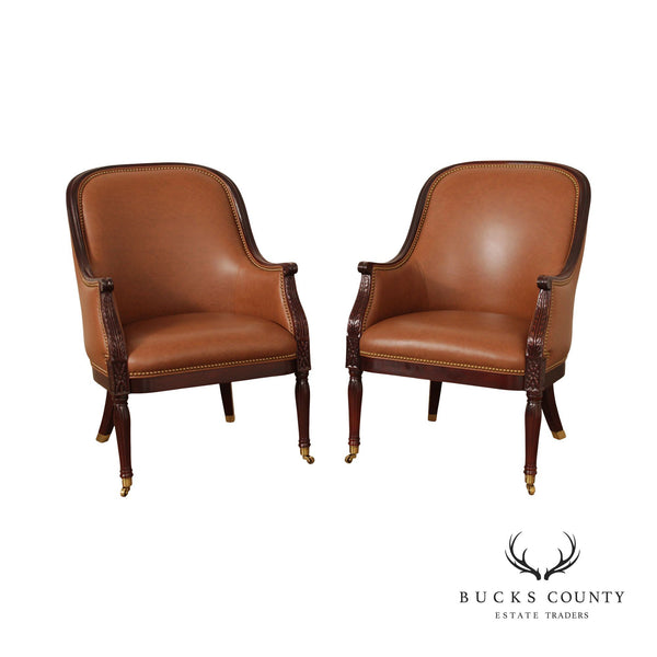 Cabot Wrenn Regency Style Pair Of Mahogany And Brown Leather Club Chairs (A)