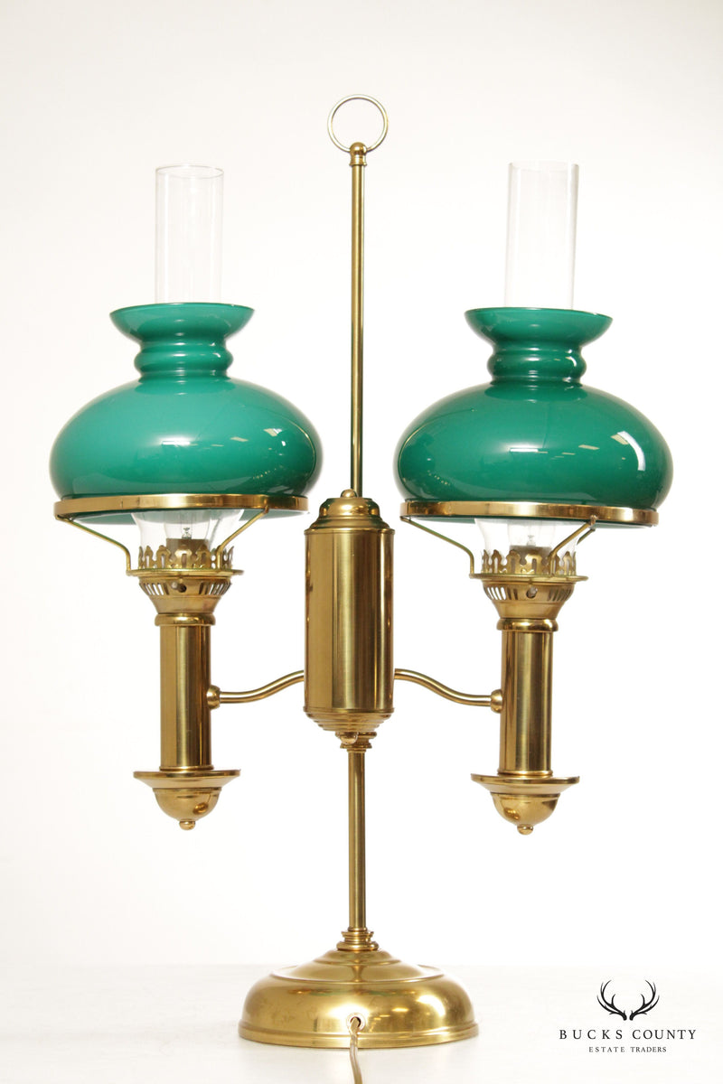 Victorian Style Double Arm Brass Desk Lamp with Green Hurricane Glass Shades