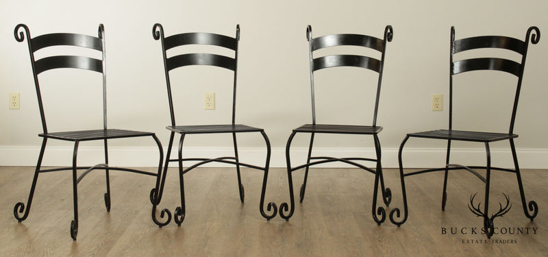 Quality Wrought Iron Five Piece Dining Bistro Set, Round Table & 4 Chairs