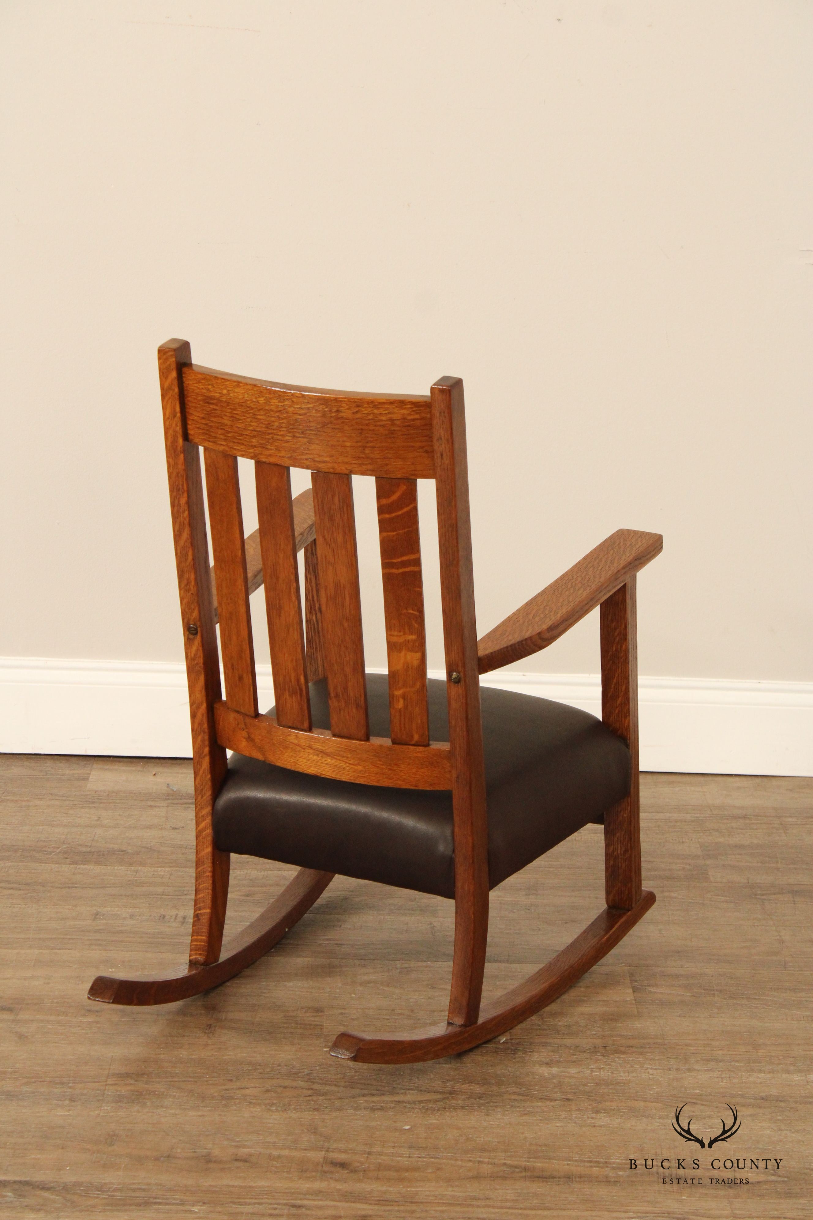 Antique Mission Oak And Leather Childs Rocker