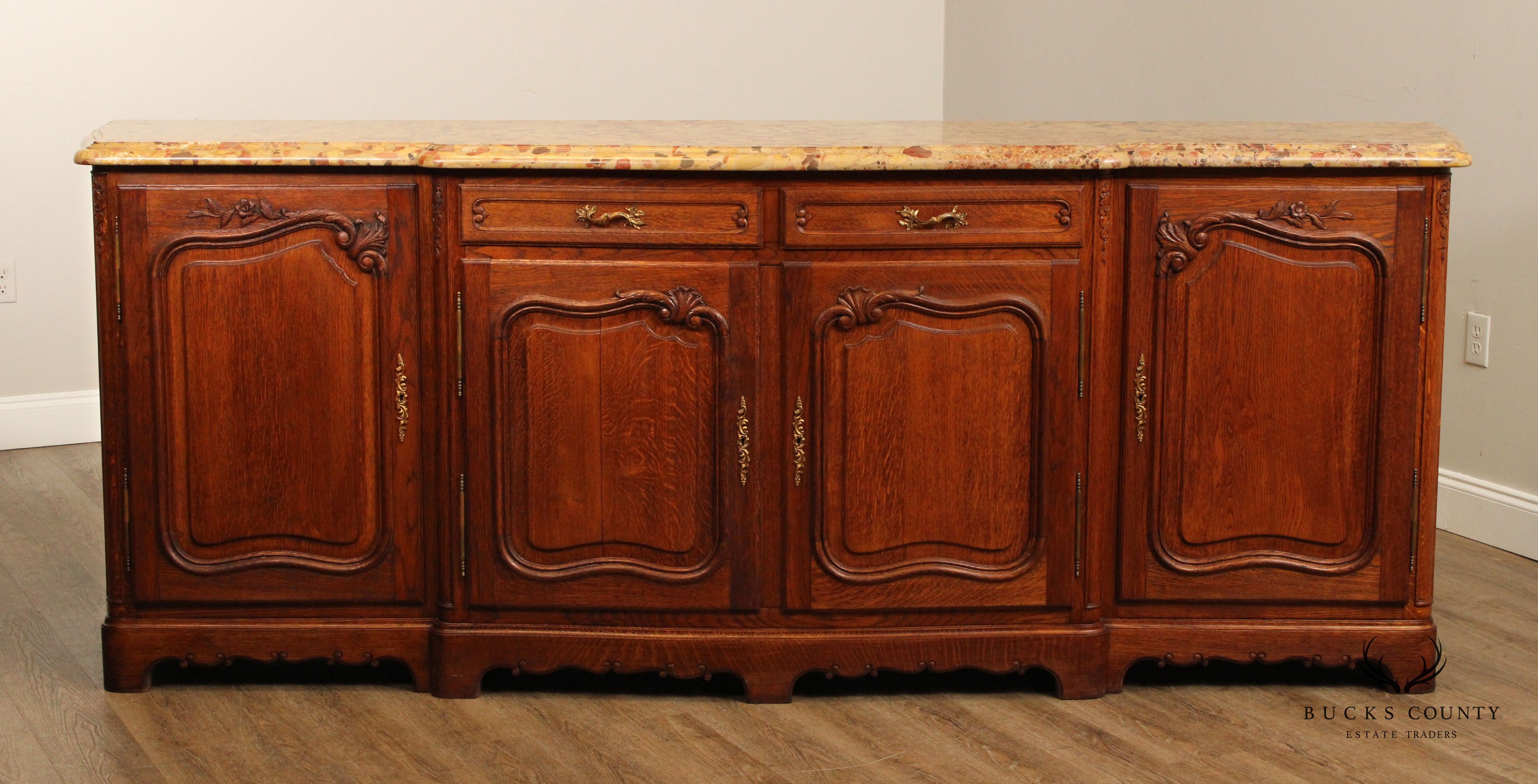 Antique French Louis XV Style Breccia Marble Top Long Oak Sideboard