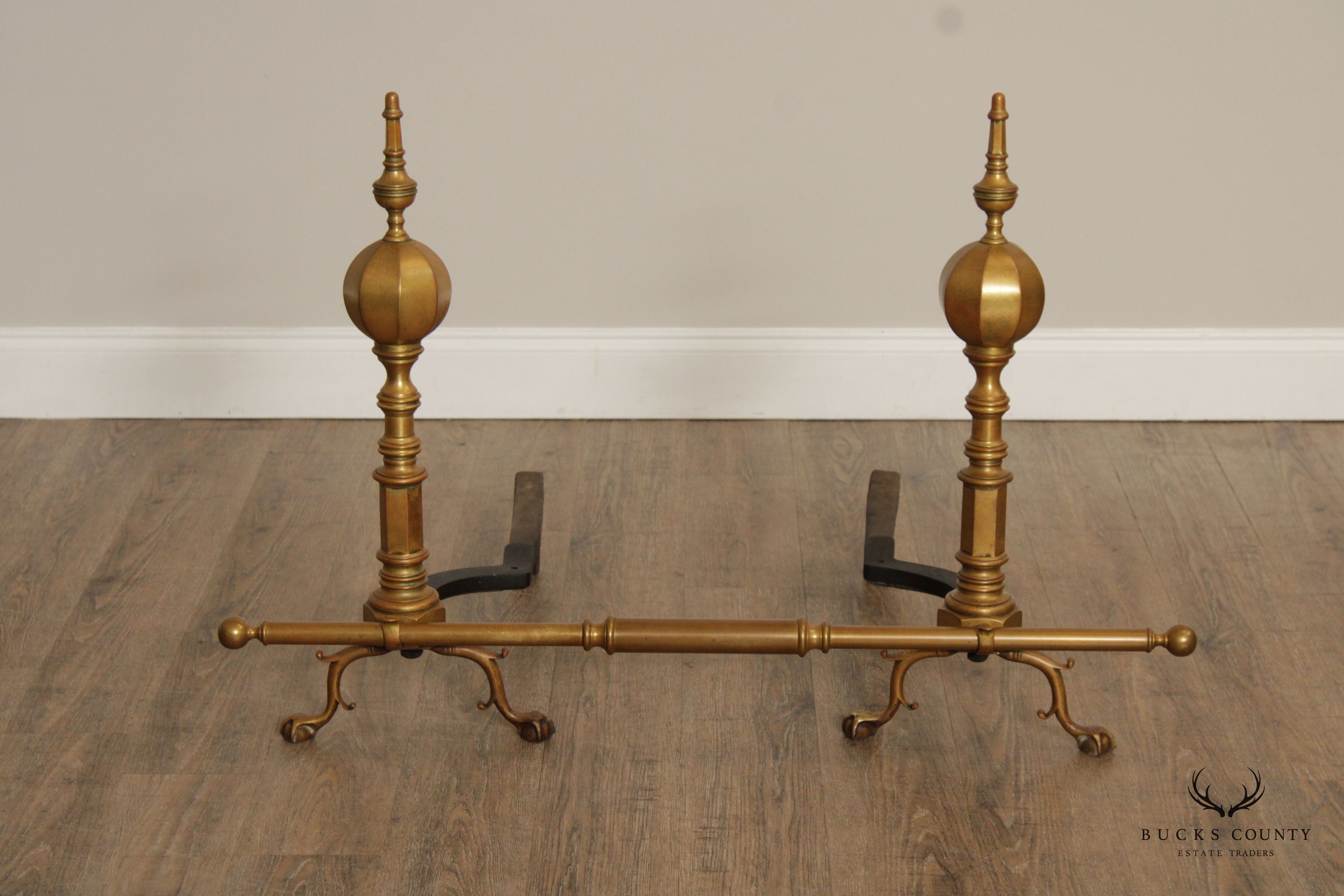 FEDERAL STYLE PAIR OF BRASS ANDIRONS AND POKER