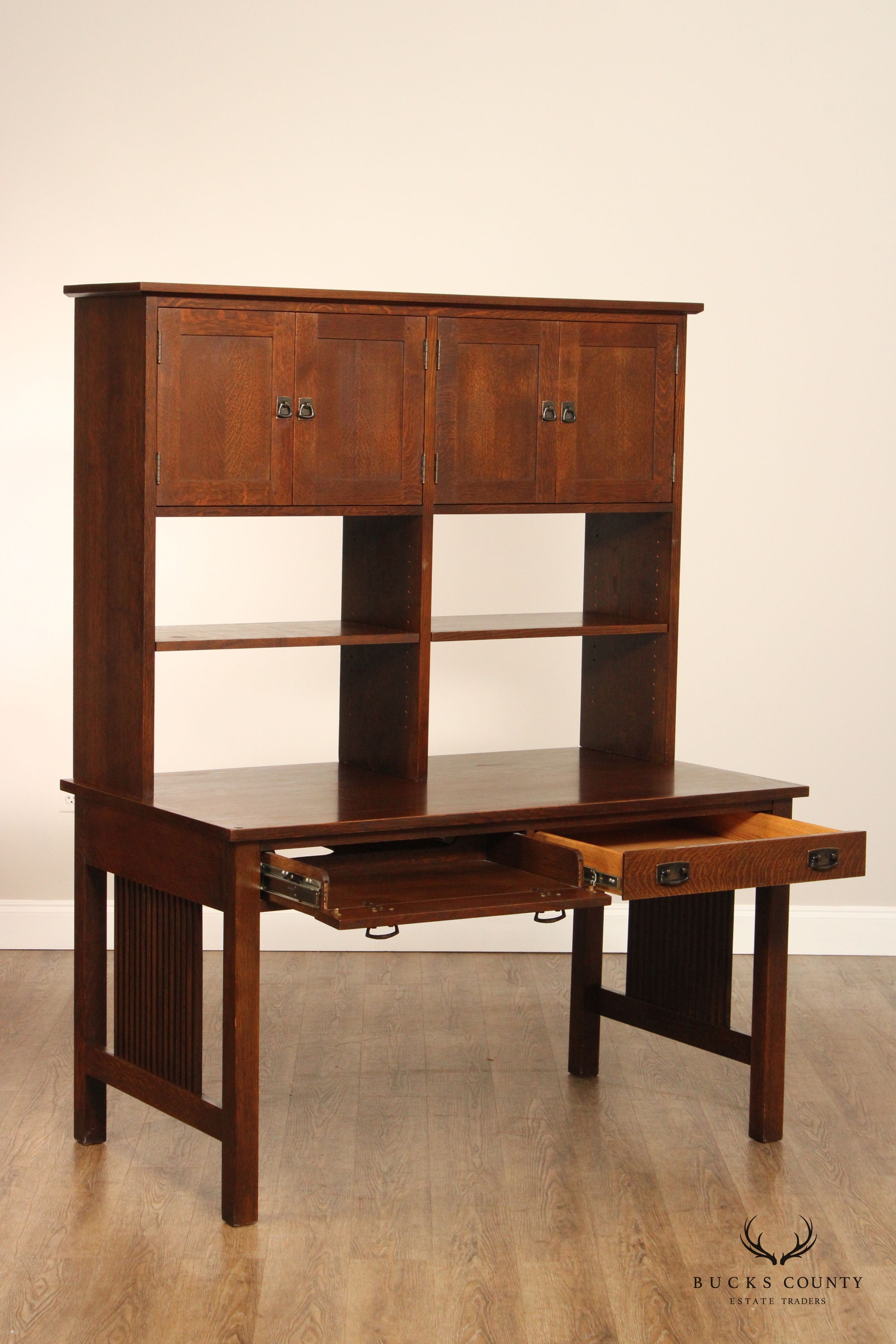 Stickley Mission Collection Oak Spindle Desk with Hutch