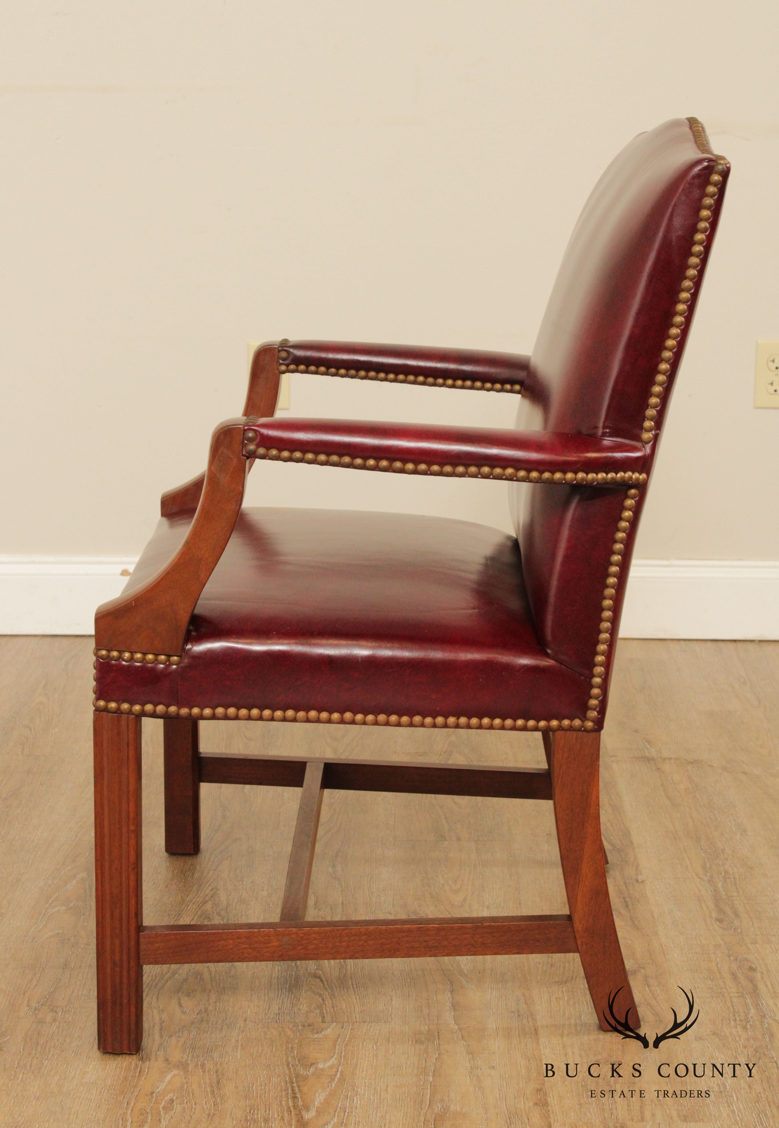 Chippendale Style Pair Mahogany Oxblood Leather Library Armchairs