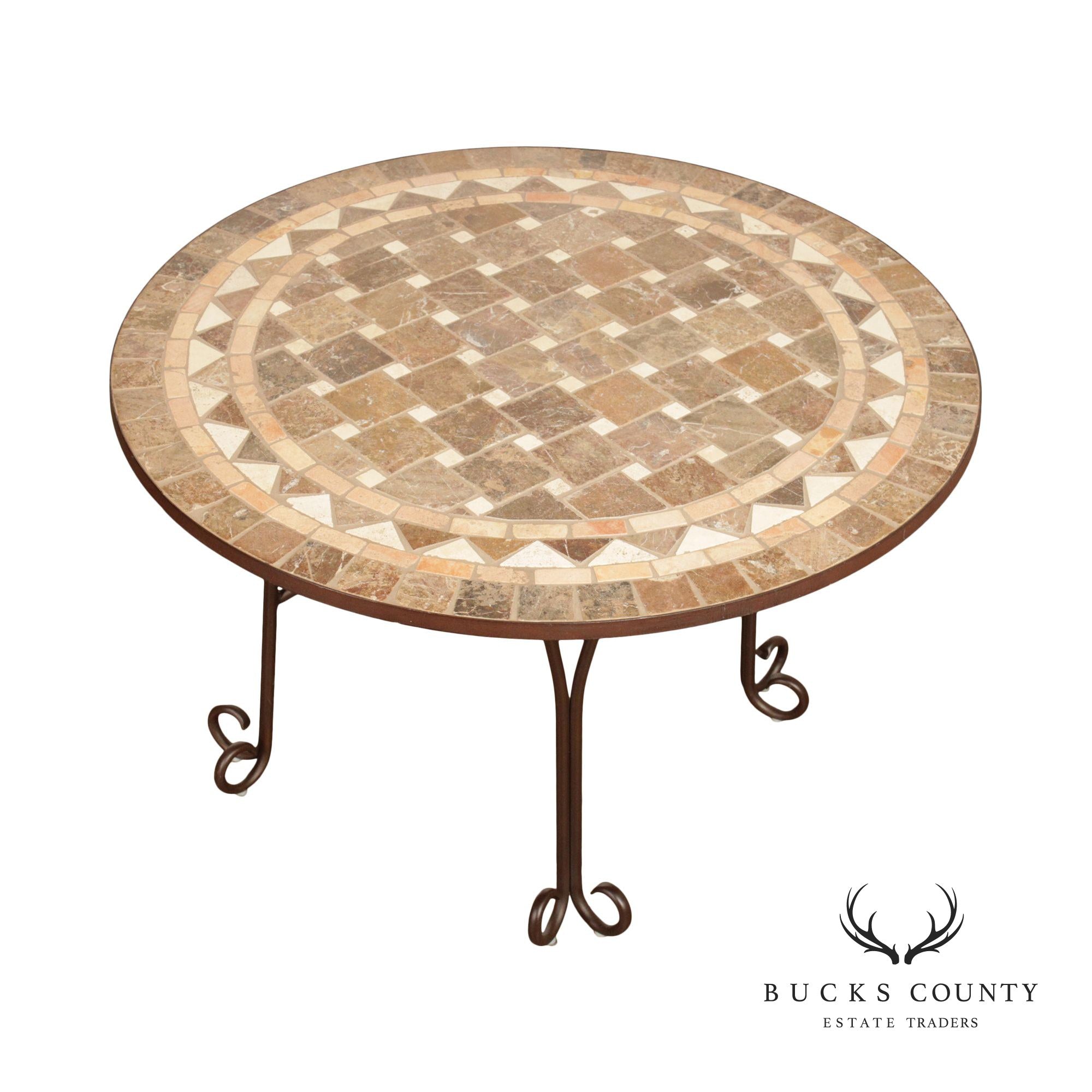 Tuscan Style Mosaic Stone & Wrought Iron Round Dining Table