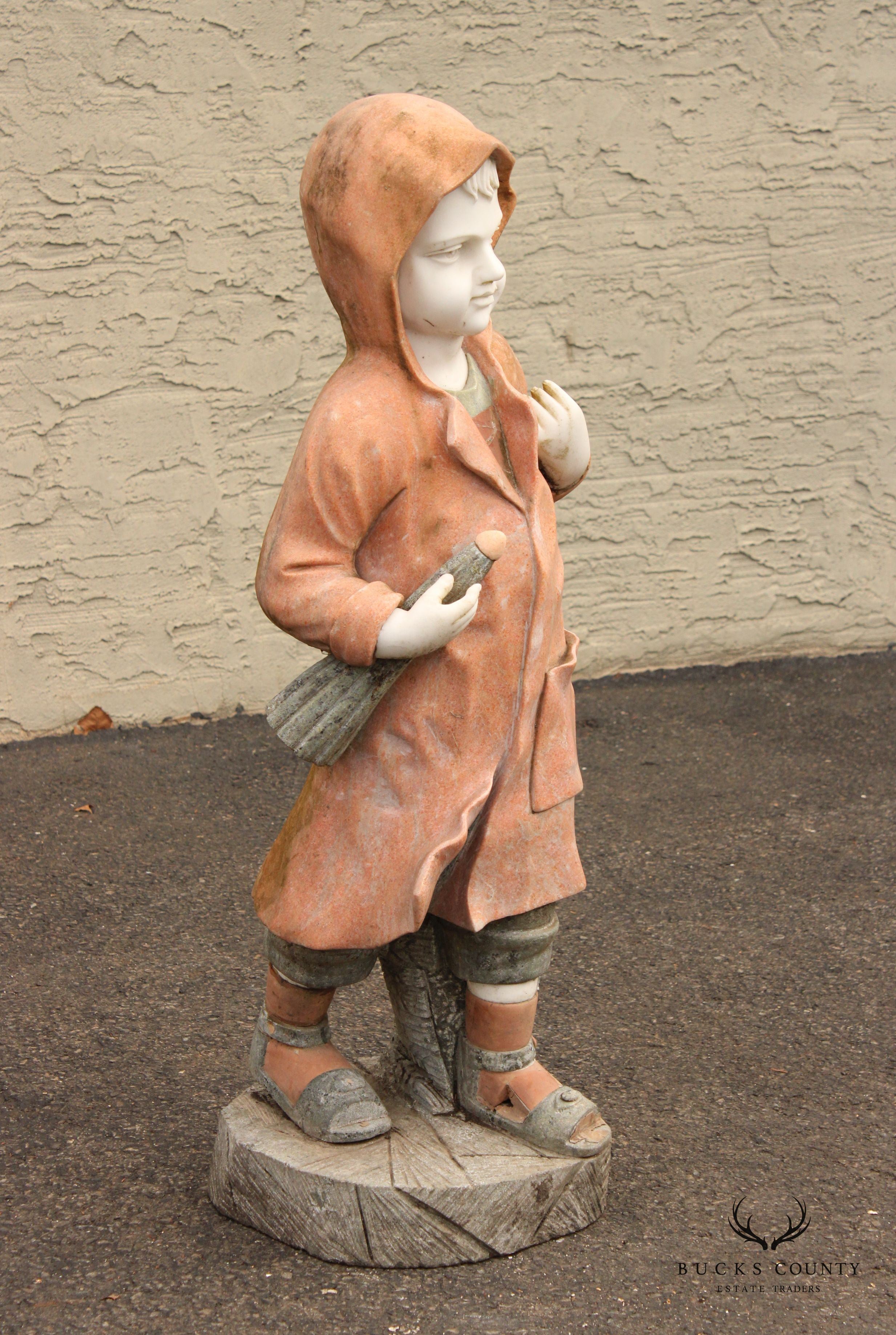 Vintage Figural Boy Marble Outdoor Garden Statue