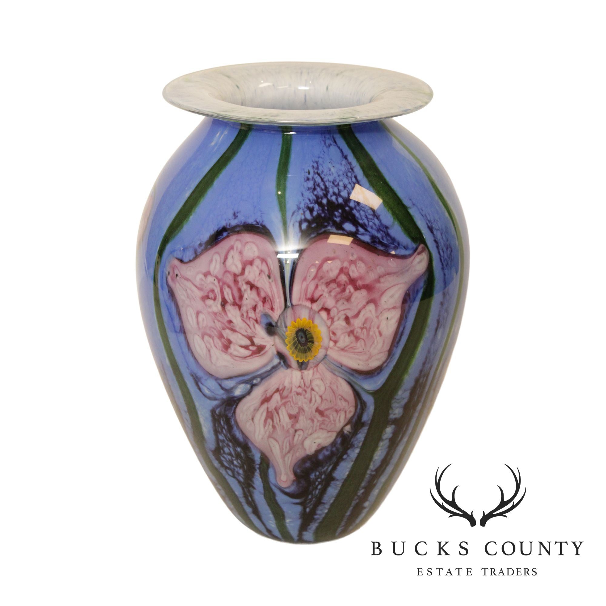 Art Glass Hand Blown Vase Blue with Pink Flowers Signature Illegible