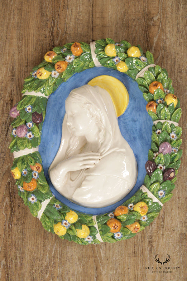 Della Robbia Italian Style Virgin Mary Large Ceramic Wall Plaque