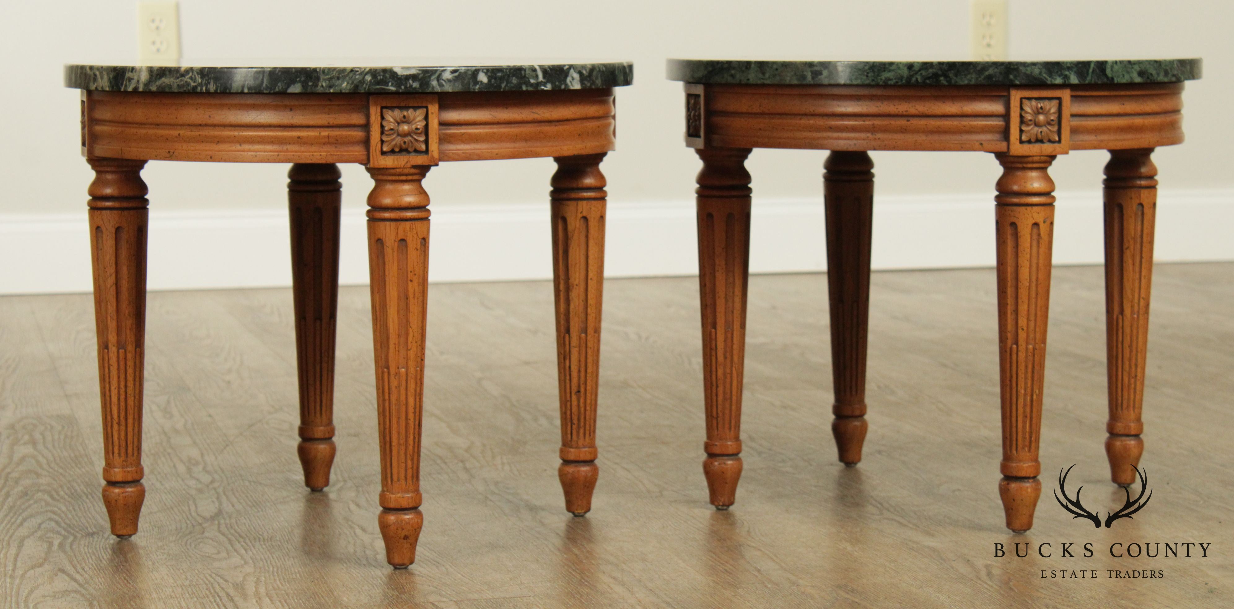 French Louis XVI Style Vintage Walnut Pair Round Marble Top Side Tables