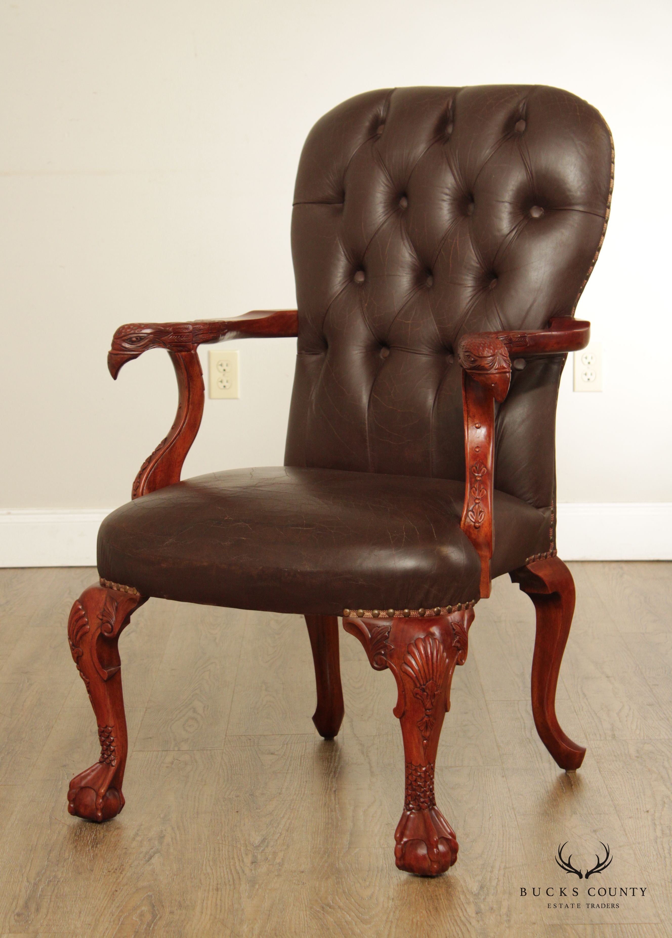 Georgian Chippendale Style Eagle Carved Leather Armchair