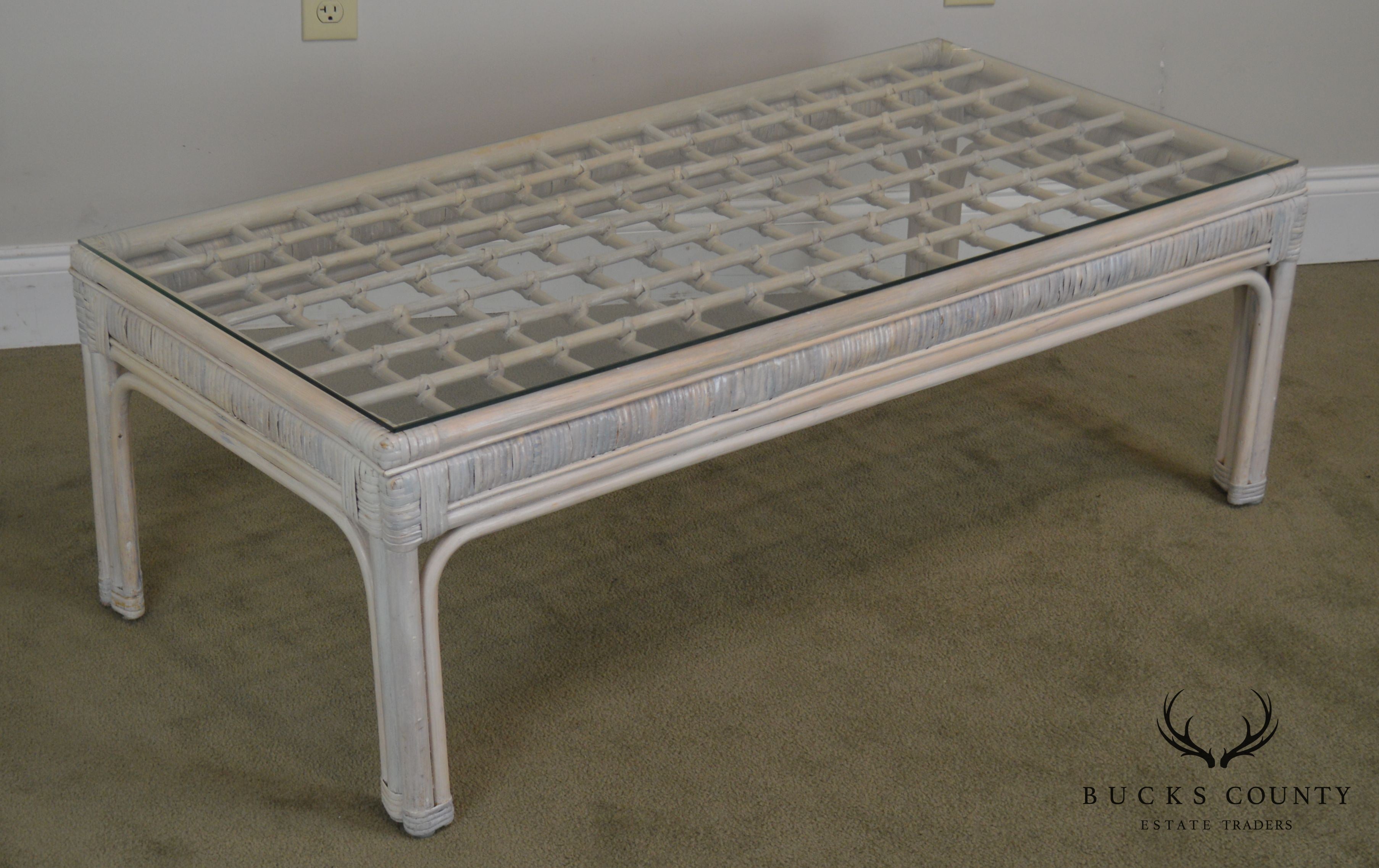 Vintage White Wash Rattan Glass Top Coffee Table