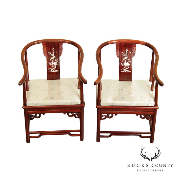 Chinese Pair Rosewood and Mother of Pearl Inlaid Horseshoe Armchairs