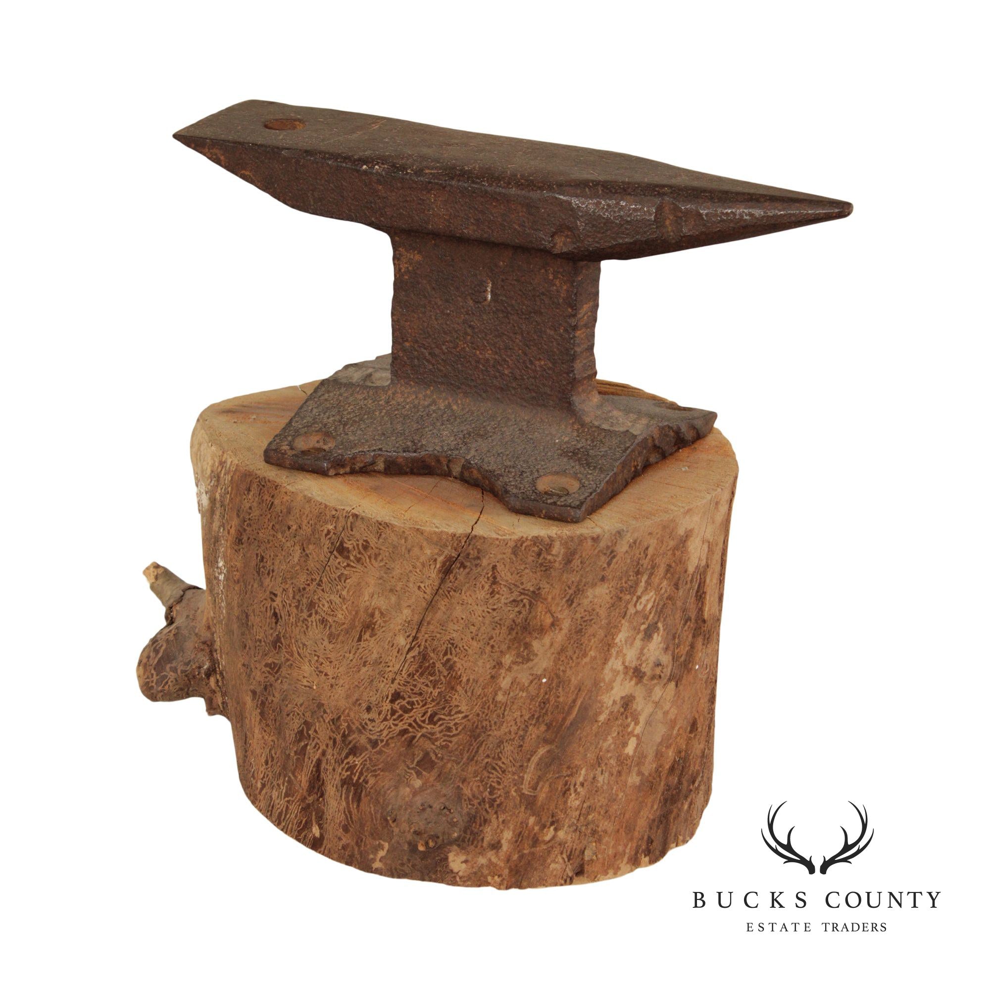 Vintage Small Iron Anvil Mounted on Wooden Block