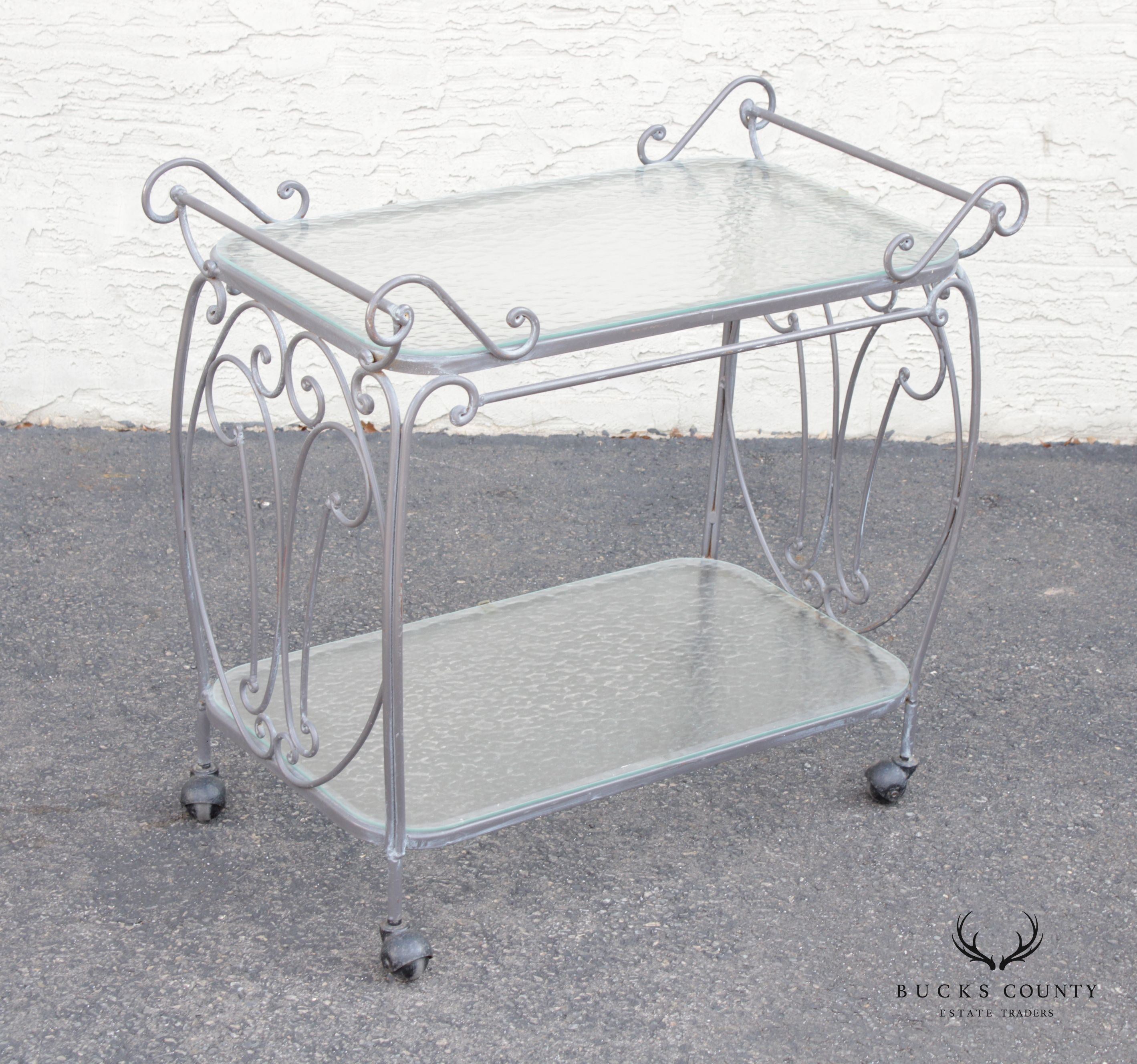 French Style Vintage Wrought Iron Scroll Two-Tier Outdoor Bar or Serving Cart